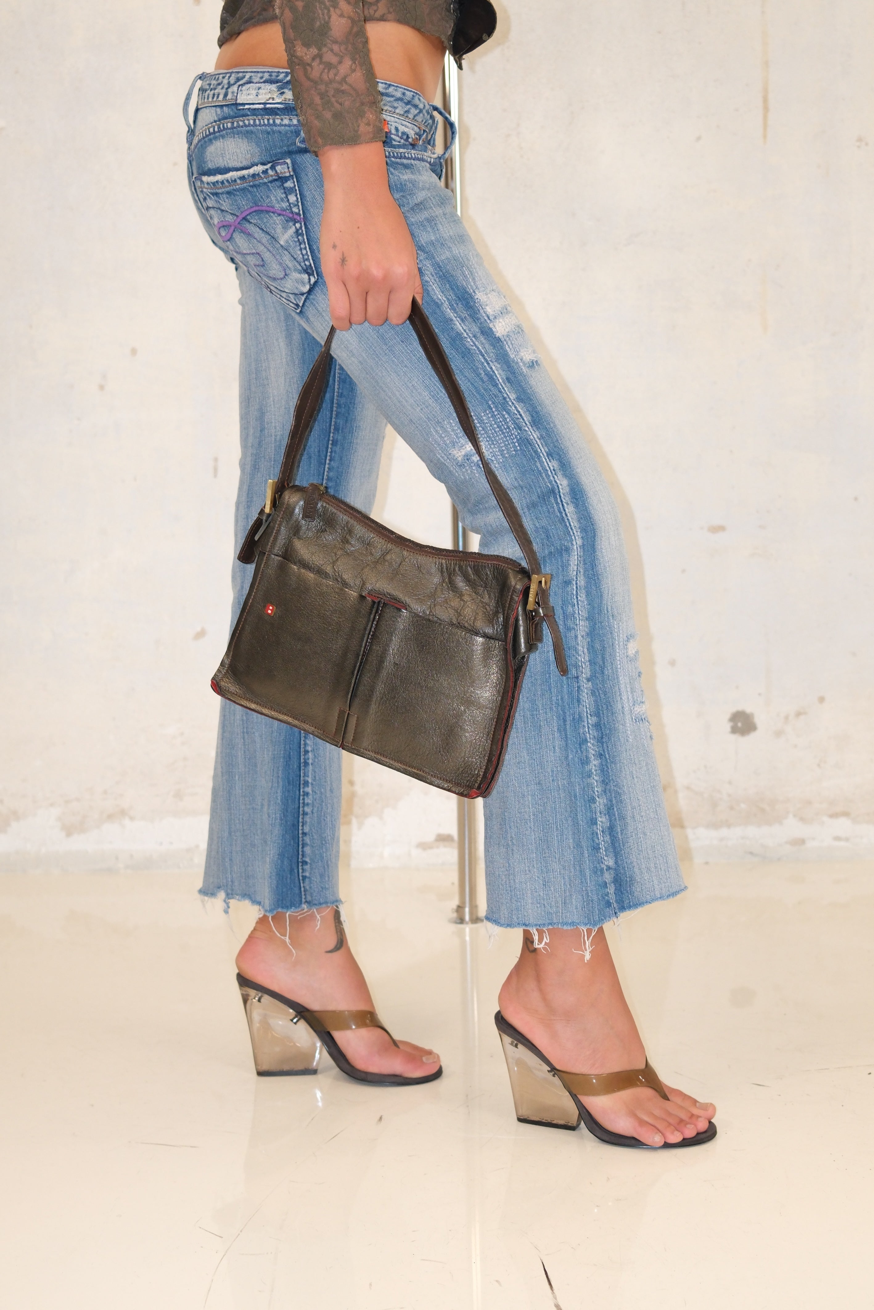 Bally Green And Grey Metallic Boxy Leather Bag