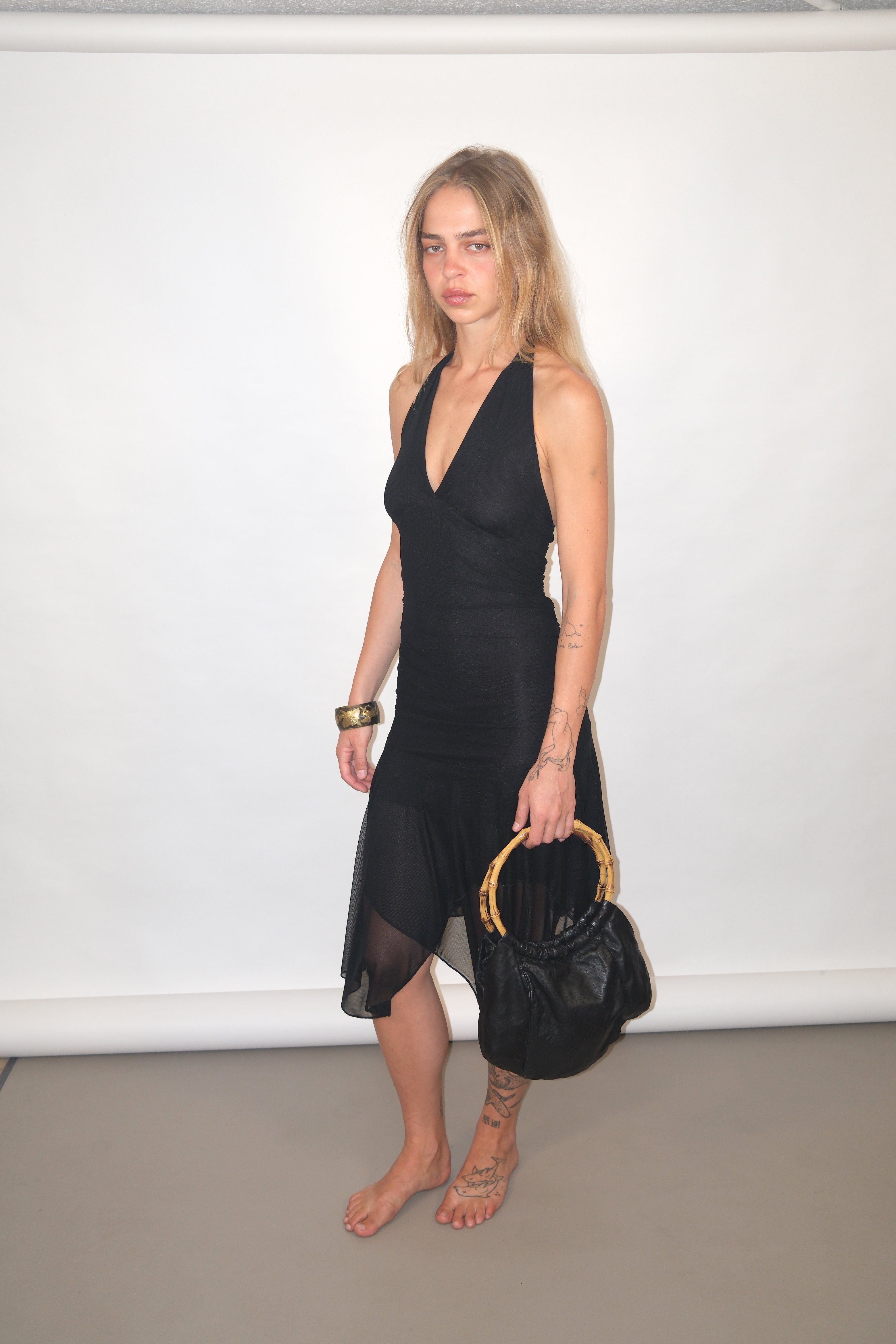 Black Midi Slip Dress With Open Back Tie Detail