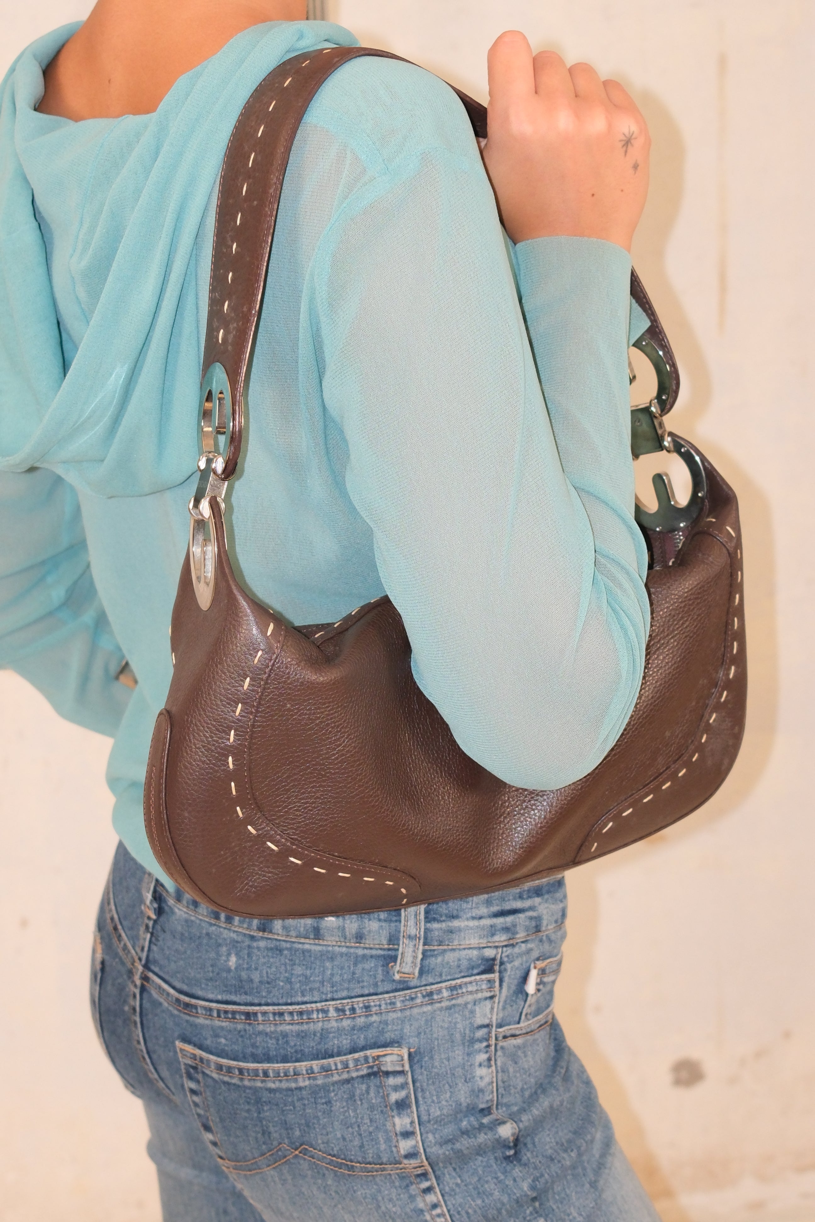 Escada Chocolate Brown Leather Crossbody Bag with Silver Brand Logo Hardware