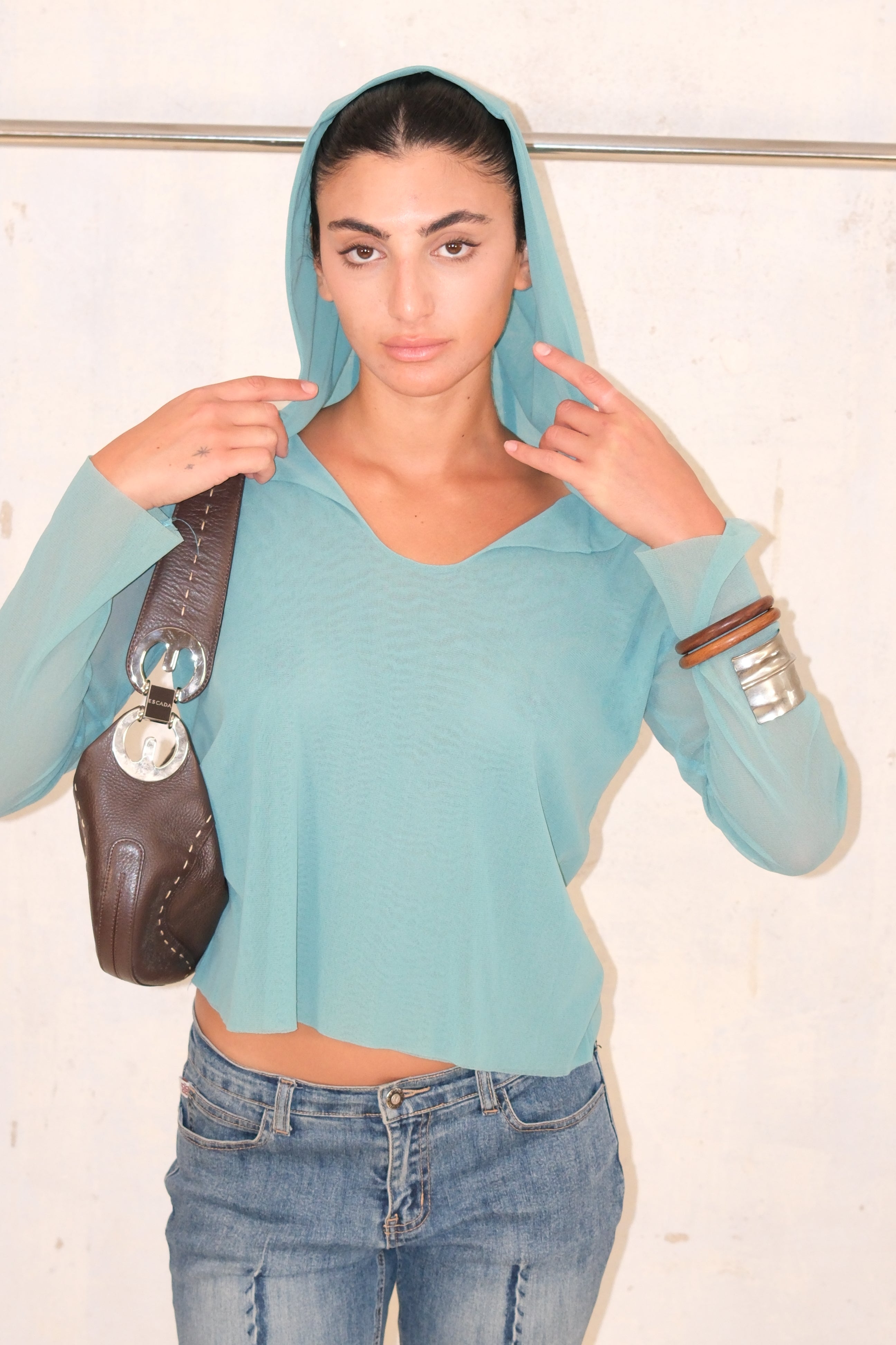 Escada Chocolate Brown Leather Crossbody Bag with Silver Brand Logo Hardware