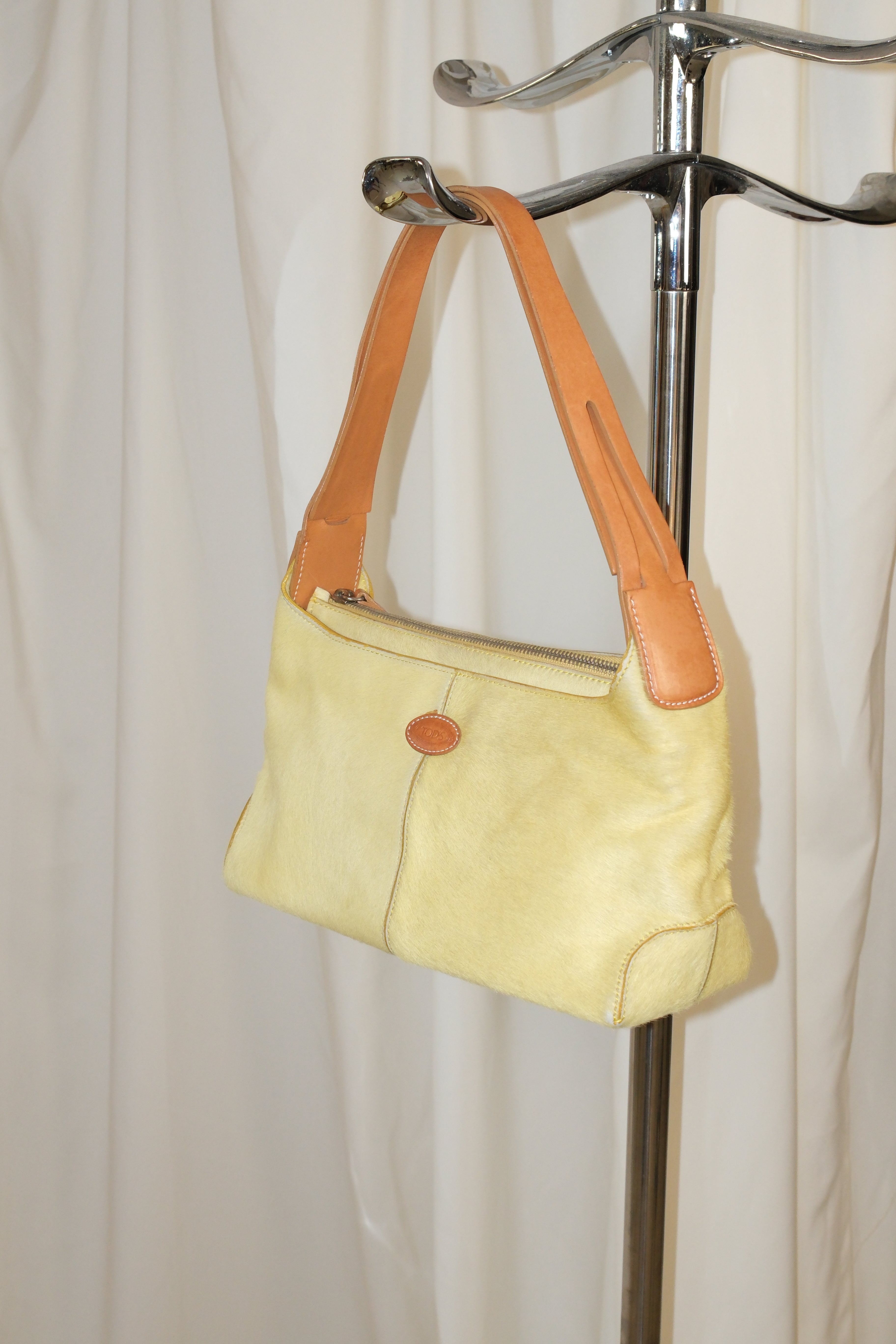 Tod’s Shoulder Bag with Brown Strap and Lime Yellow Pony Hair