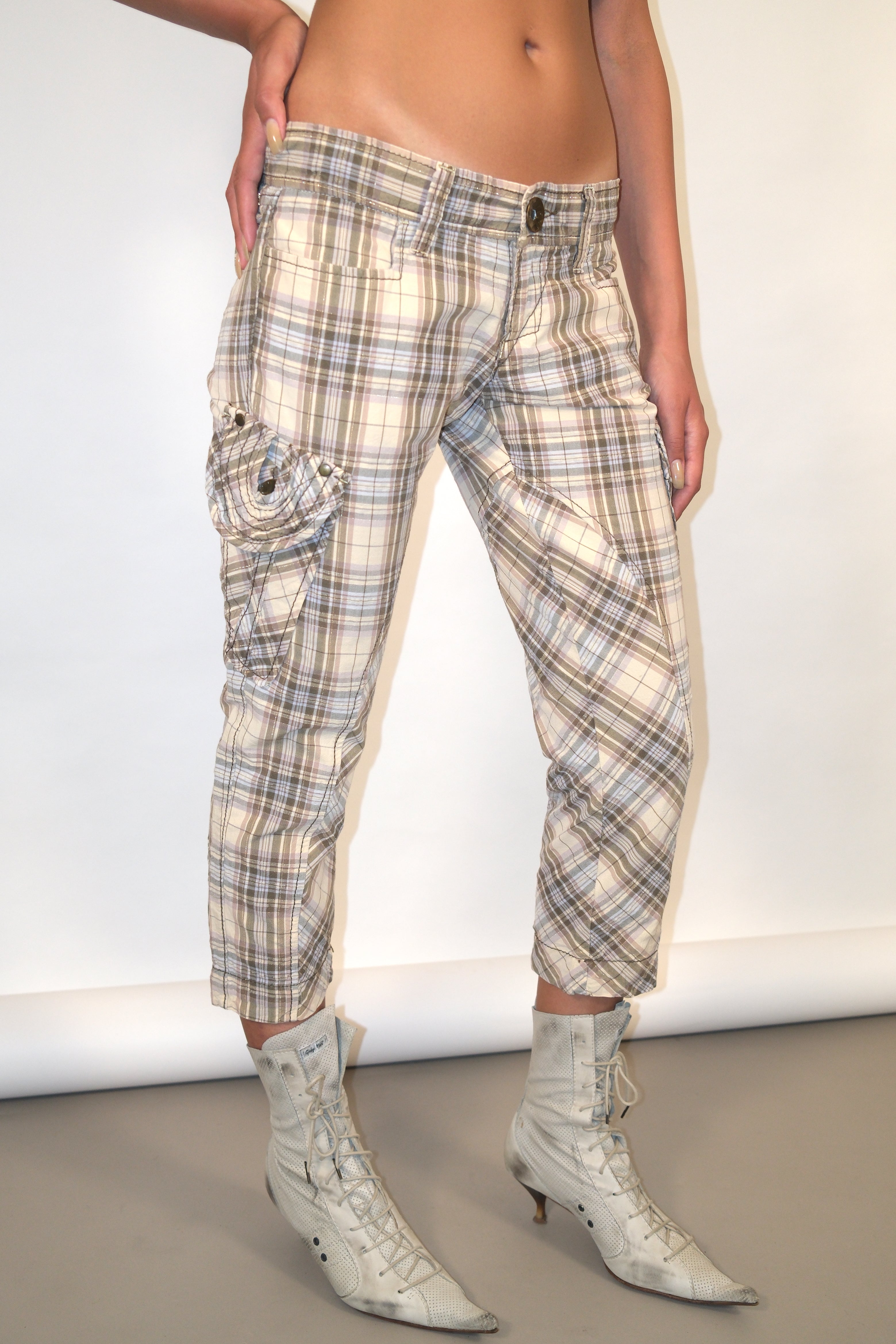 Miss Sixty Low-Rise Plaid Capri Pants With Pockets Size 36