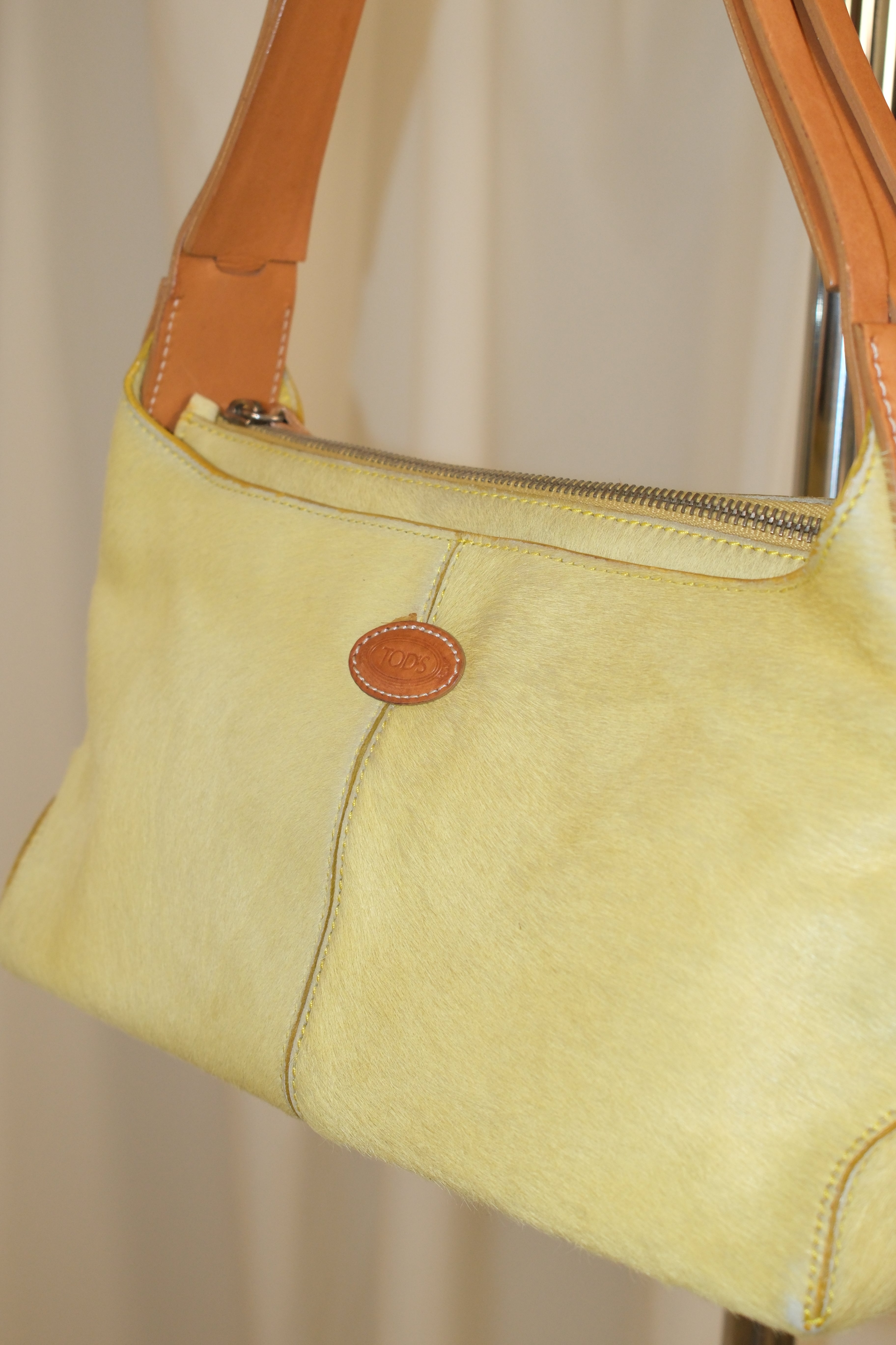 Tod’s Shoulder Bag with Brown Strap and Lime Yellow Pony Hair