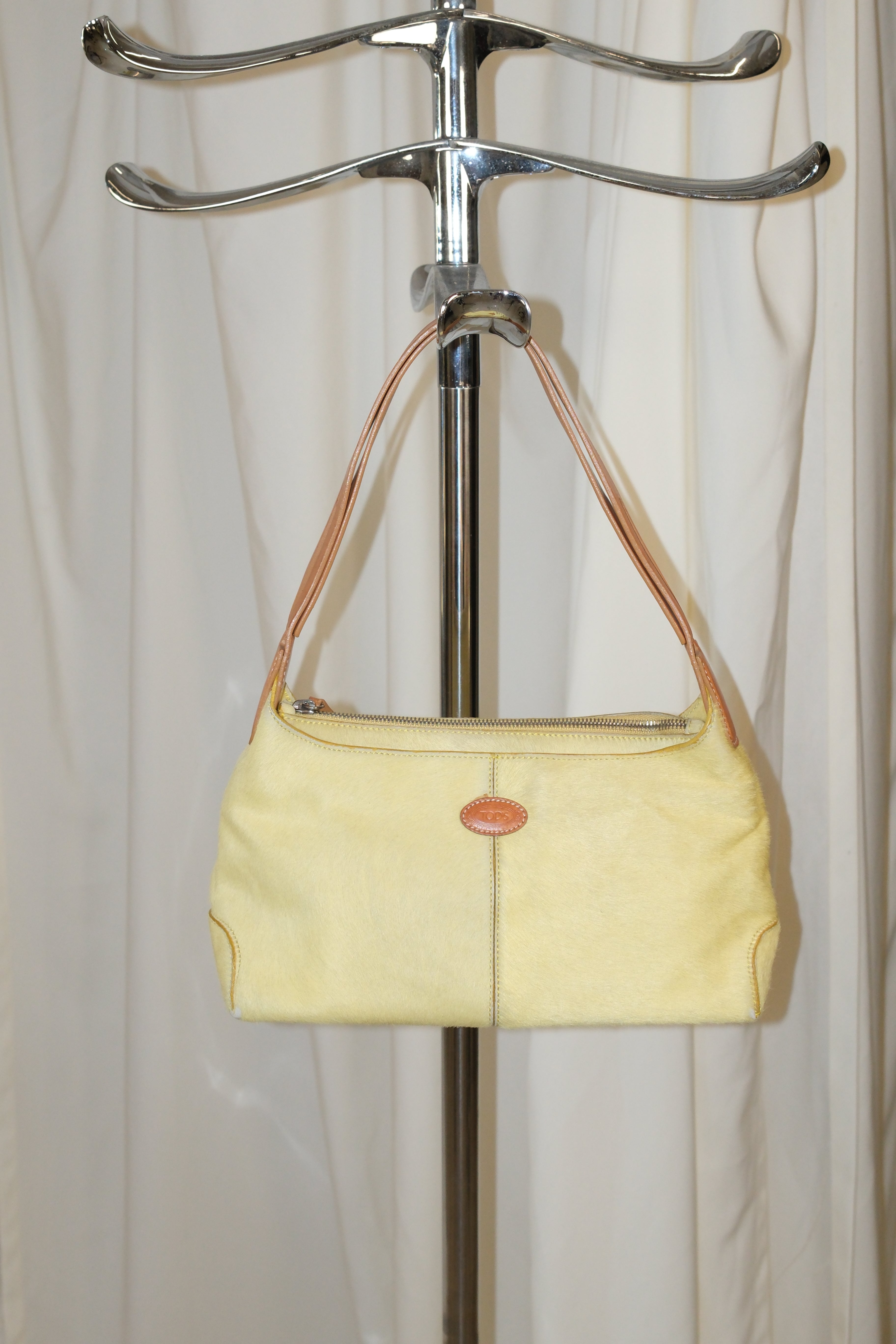 Tod’s Shoulder Bag with Brown Strap and Lime Yellow Pony Hair