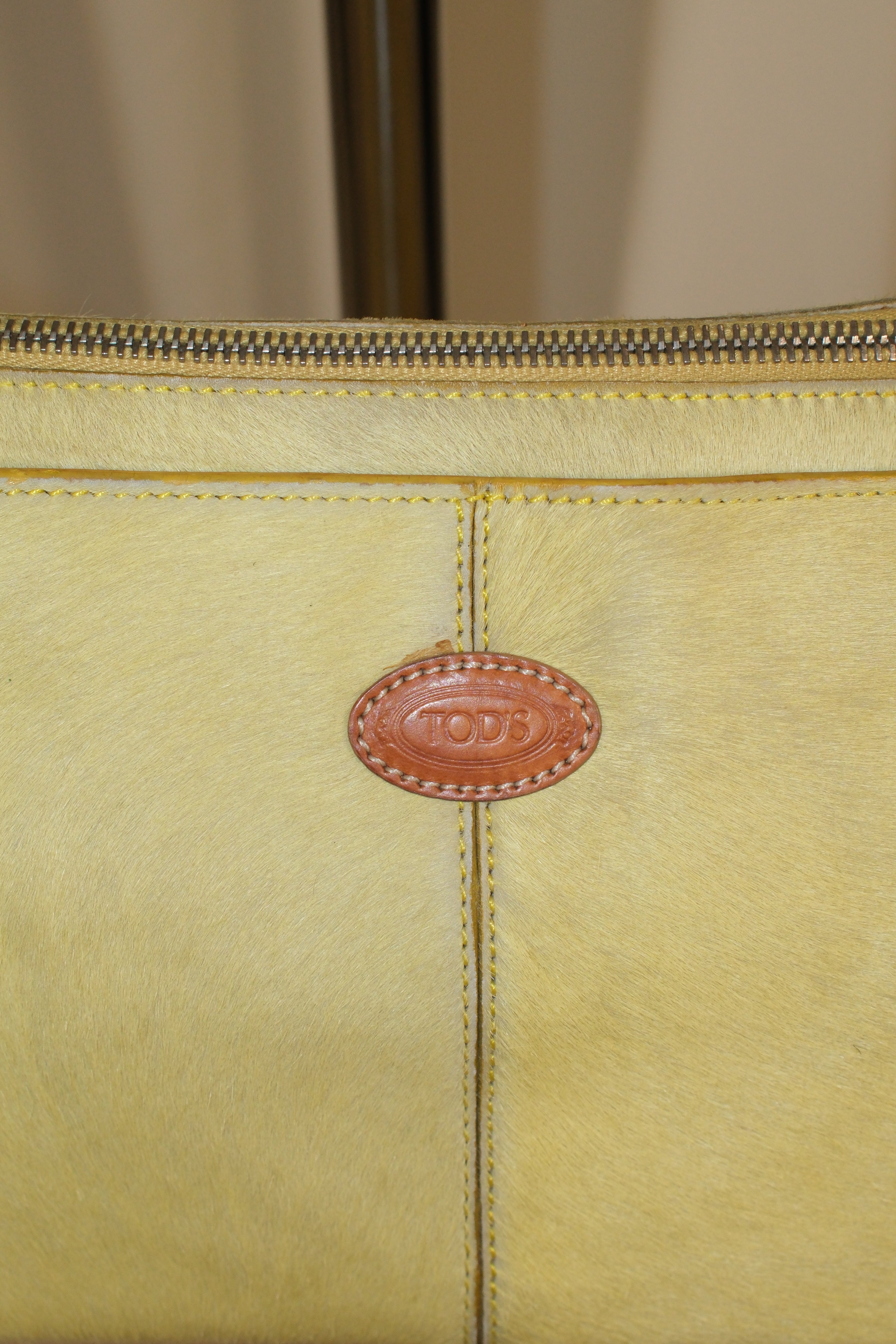 Tod’s Shoulder Bag with Brown Strap and Lime Yellow Pony Hair