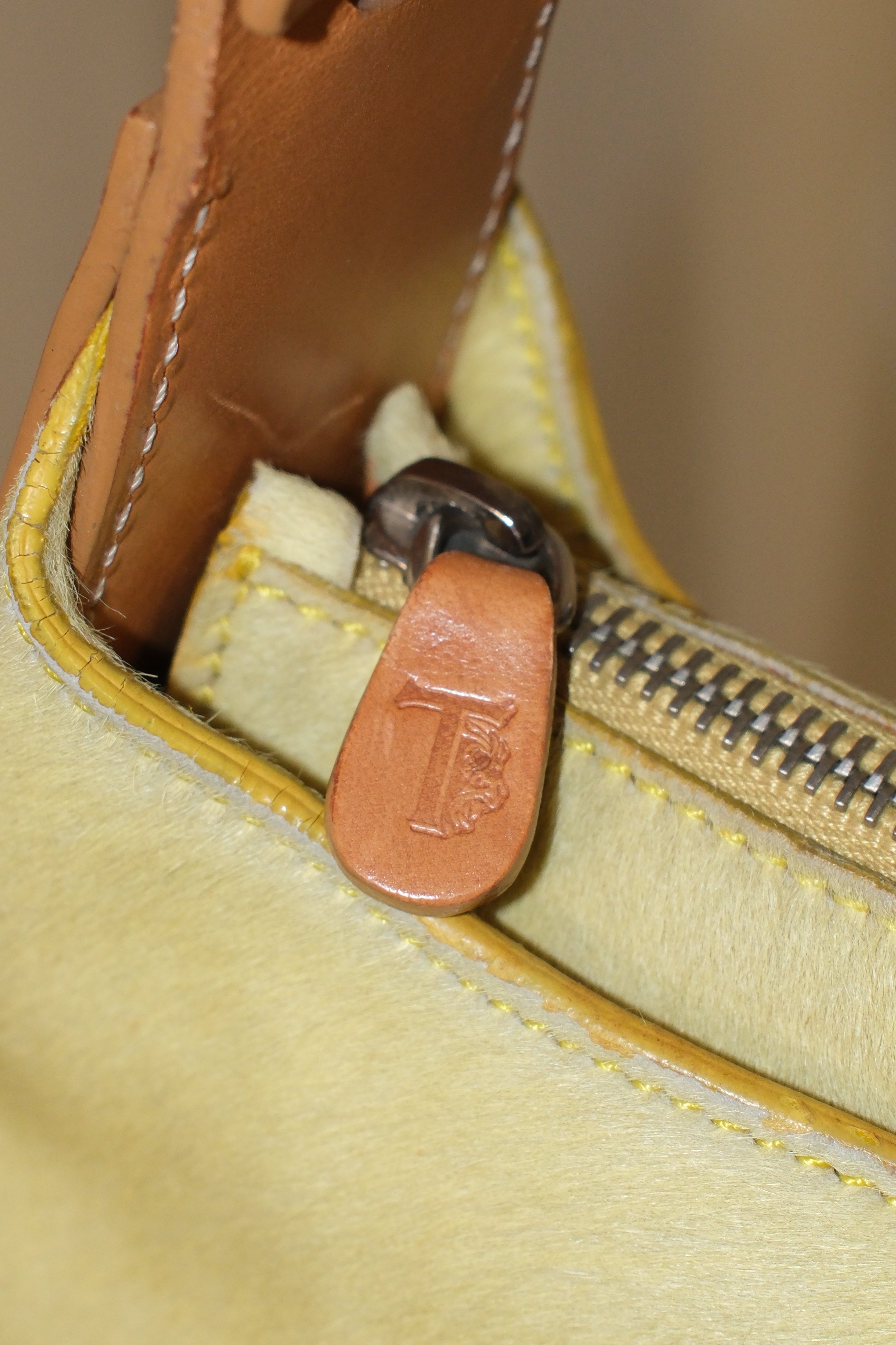 Tod’s Shoulder Bag with Brown Strap and Lime Yellow Pony Hair