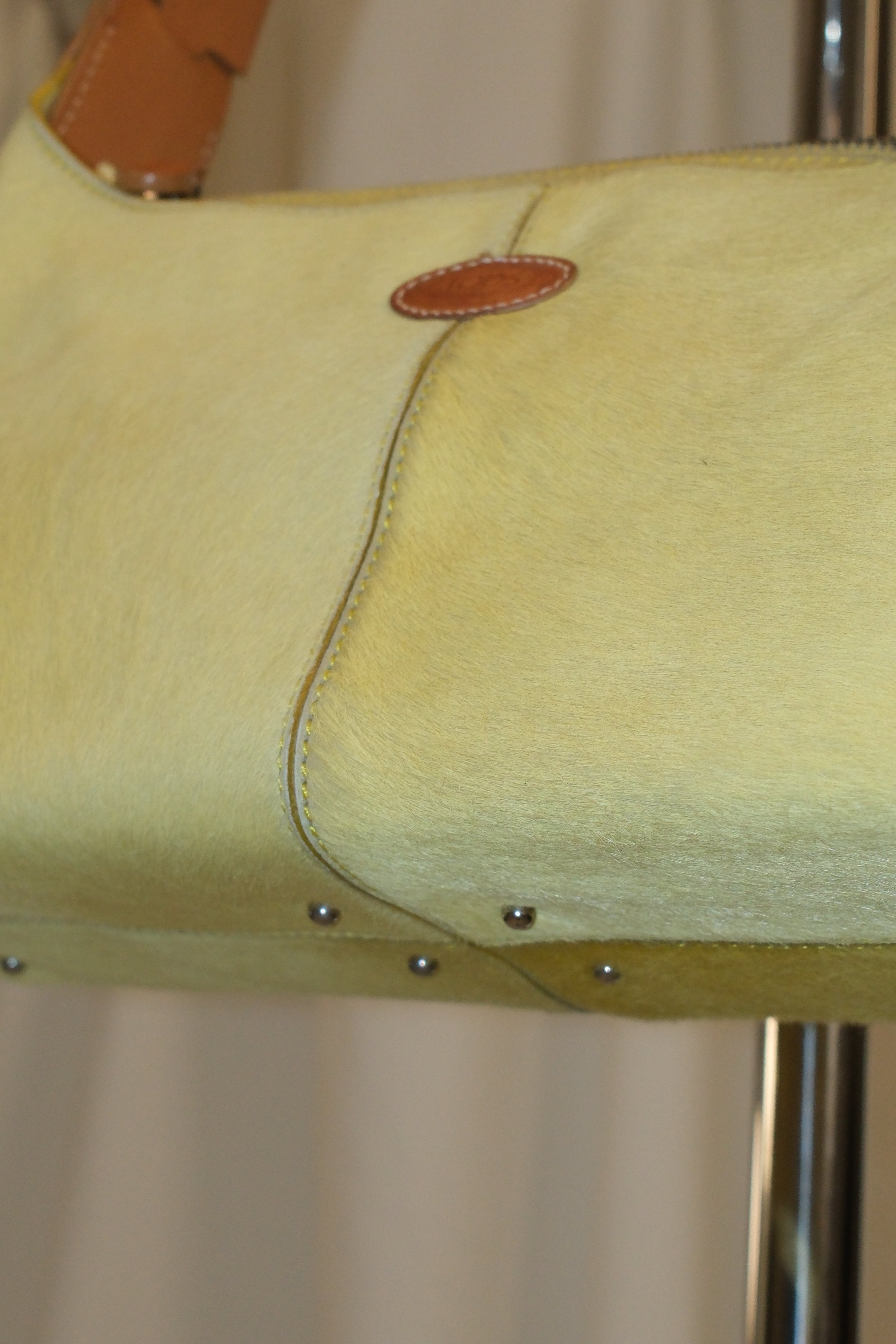 Tod’s Shoulder Bag with Brown Strap and Lime Yellow Pony Hair