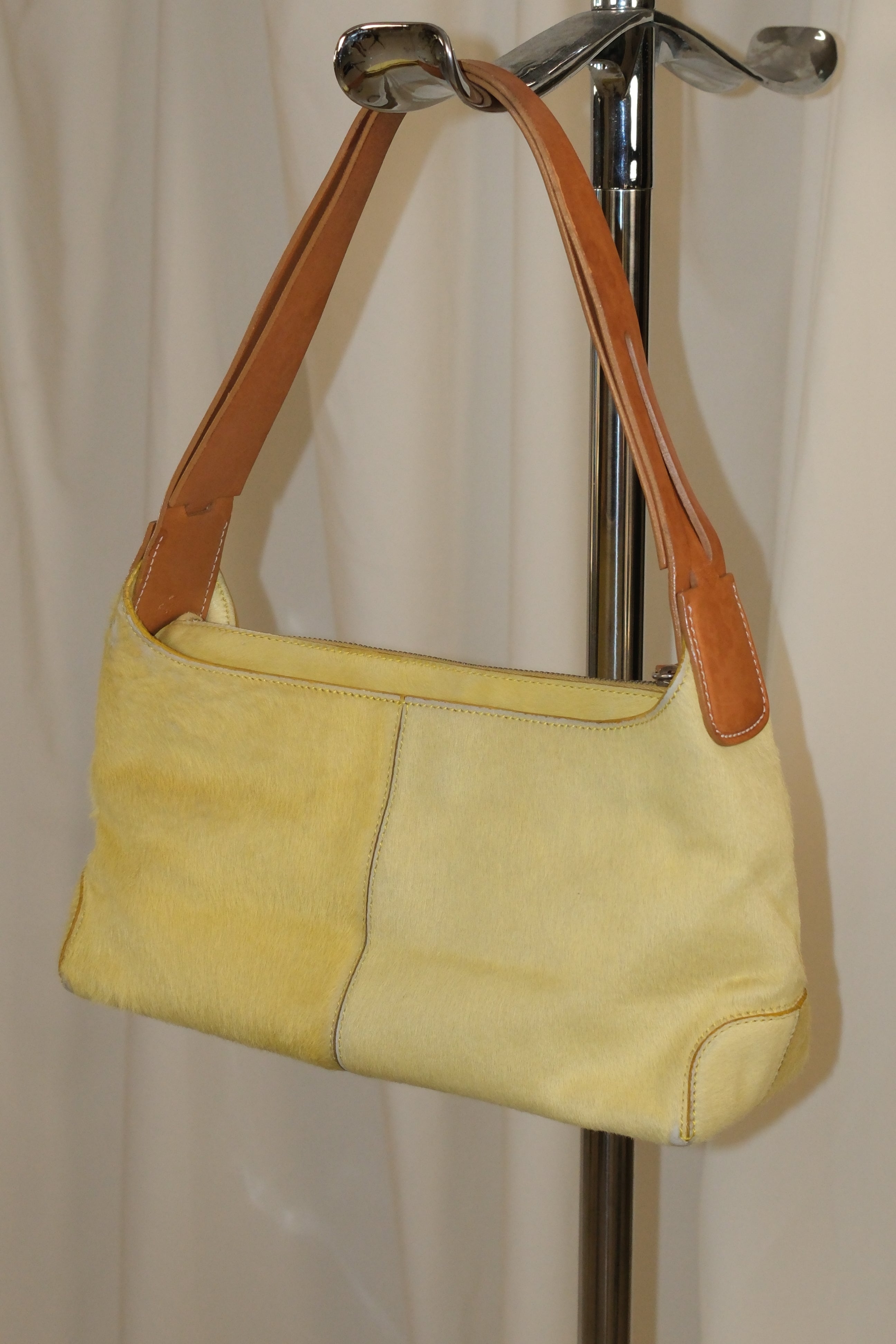 Tod’s Shoulder Bag with Brown Strap and Lime Yellow Pony Hair