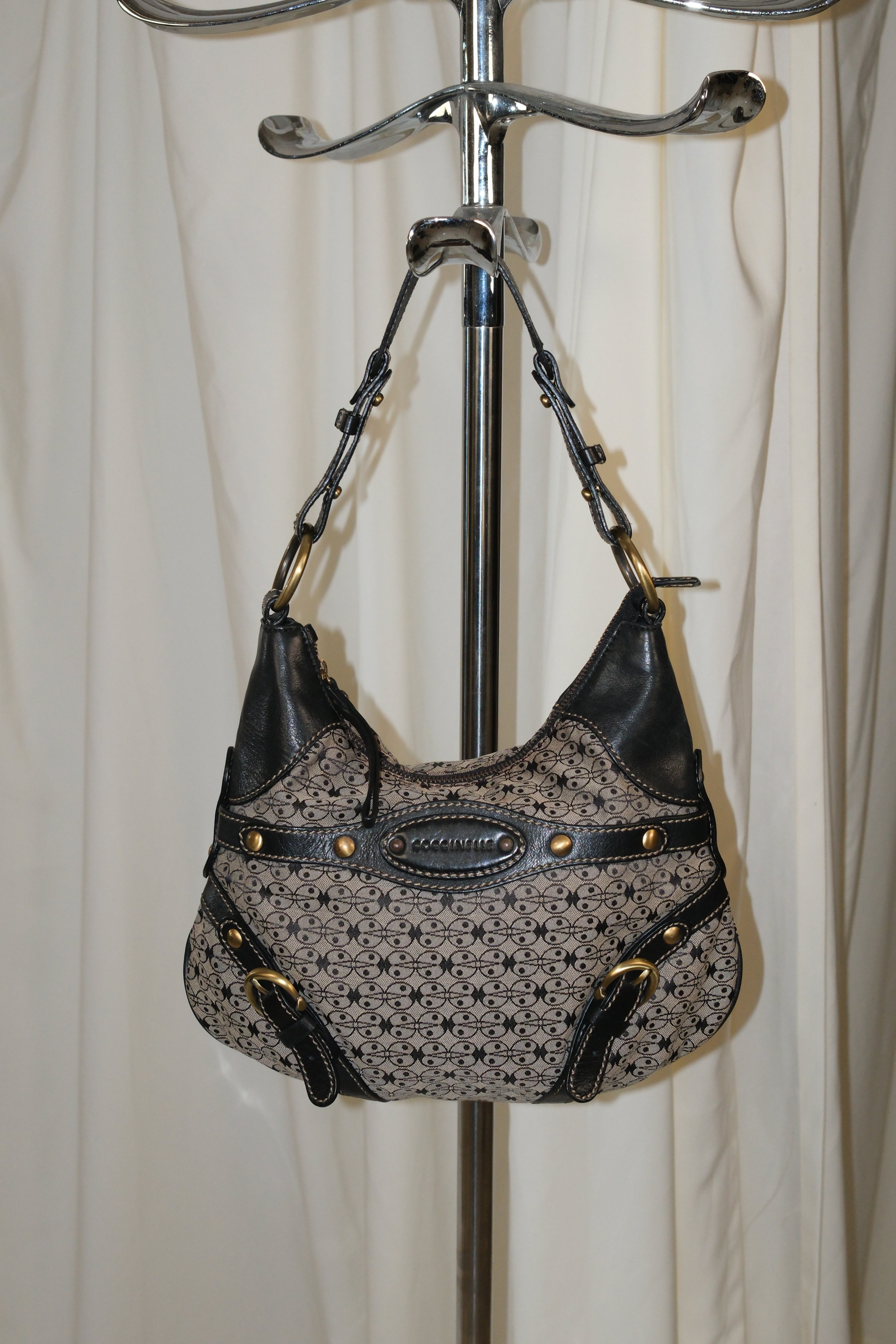 Coccinelle Canvas and Leather Shoulder Bag with Monogram and Gold Hardware