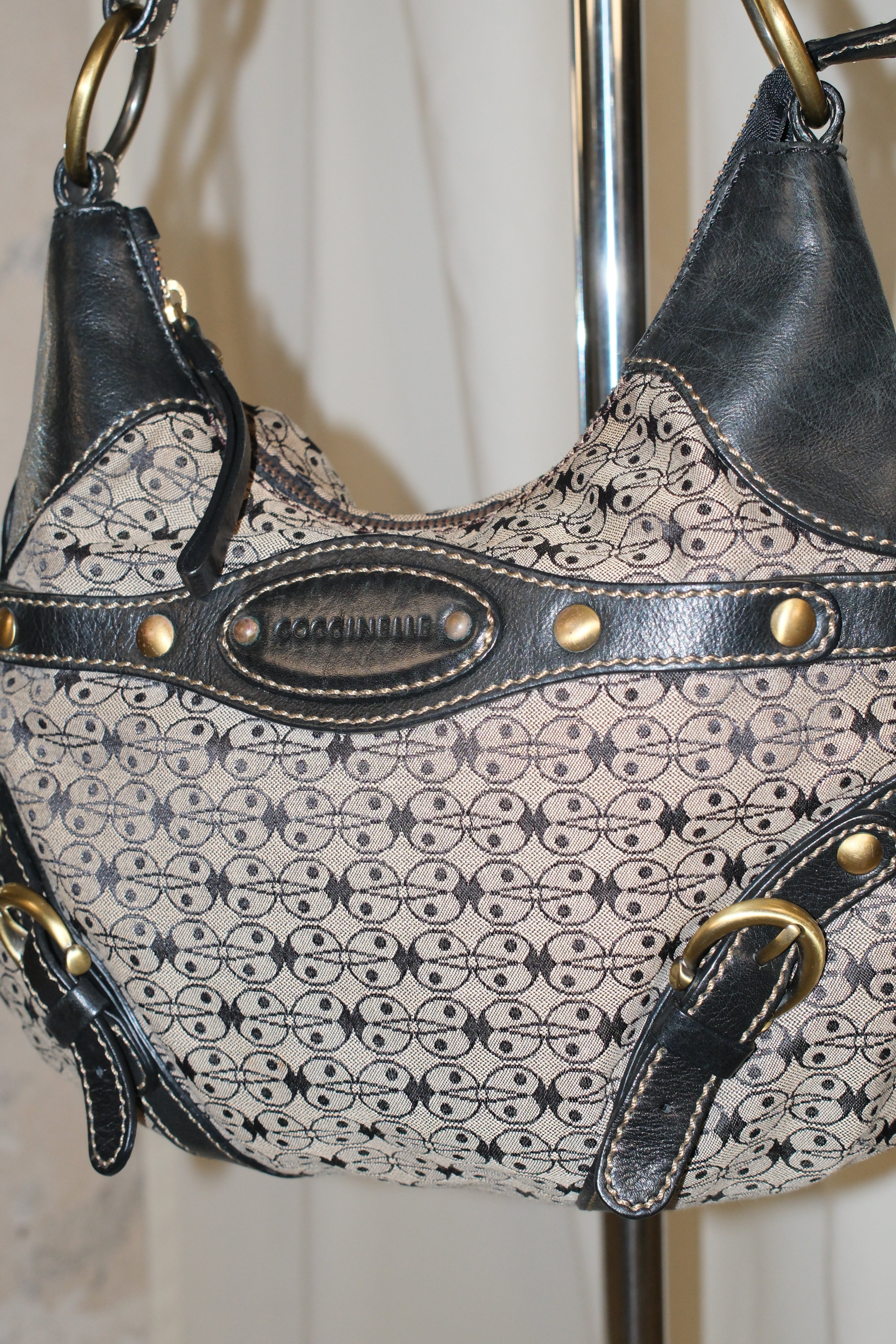 Coccinelle Canvas and Leather Shoulder Bag with Monogram and Gold Hardware