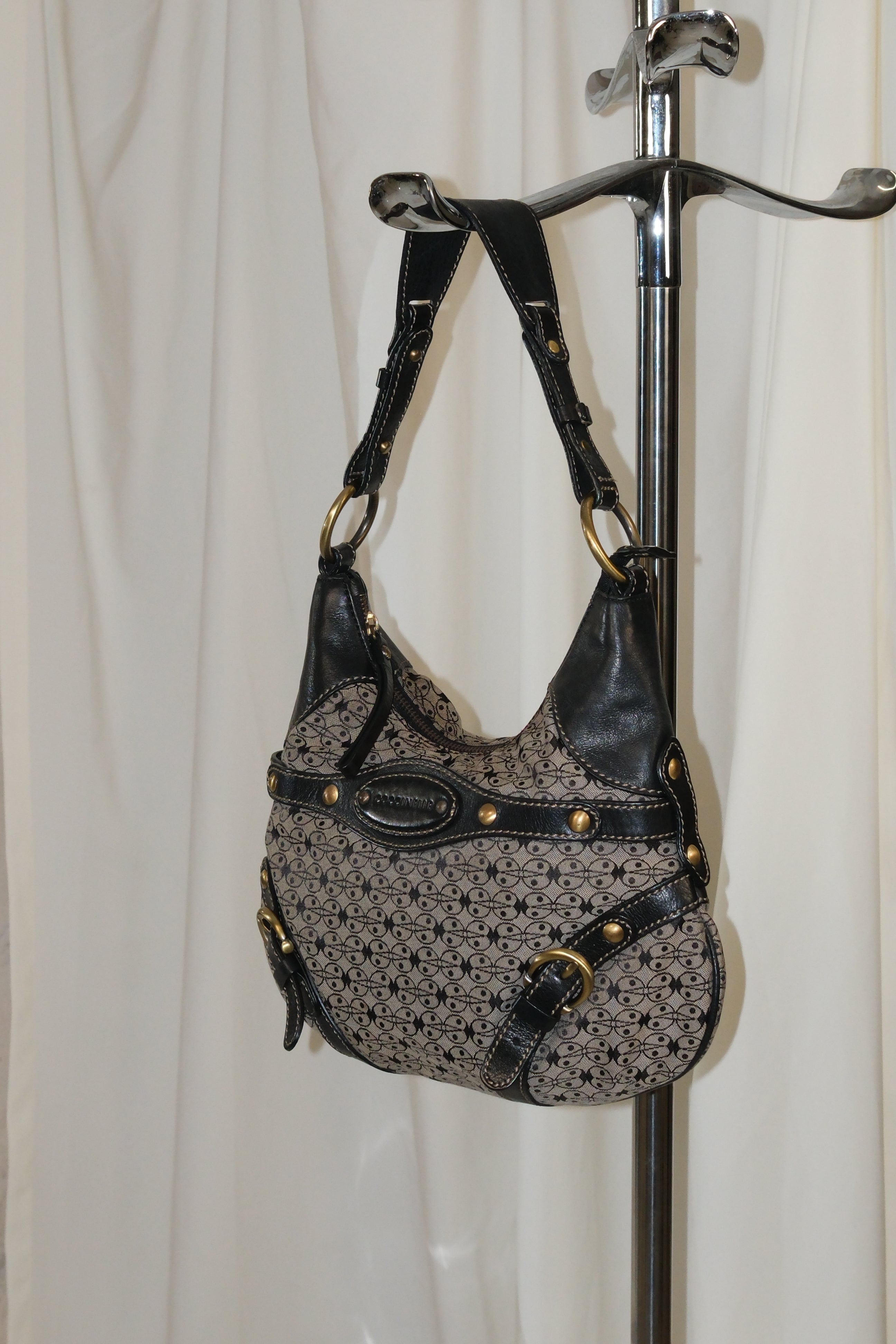 Coccinelle Canvas and Leather Shoulder Bag with Monogram and Gold Hardware