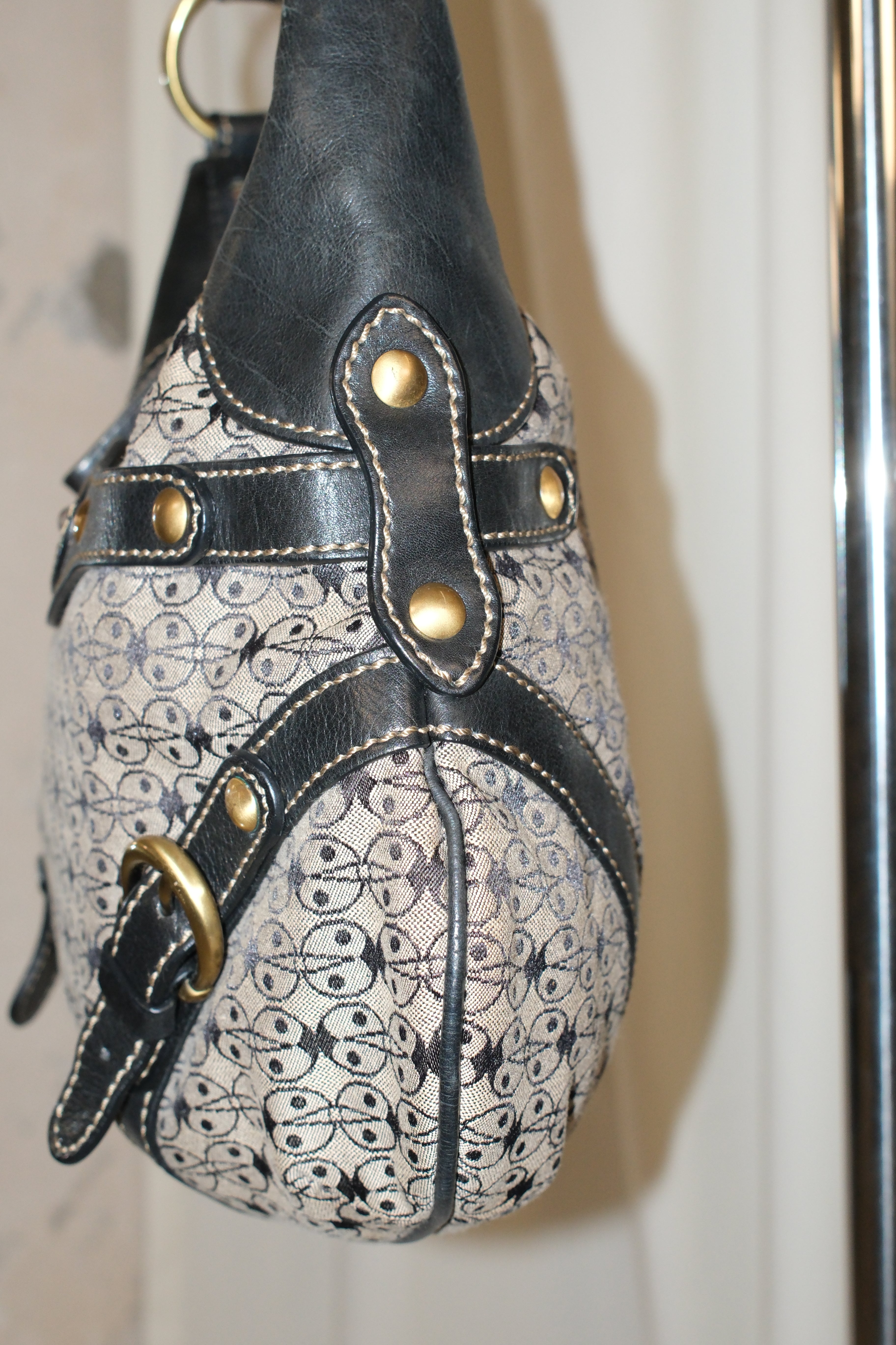 Coccinelle Canvas and Leather Shoulder Bag with Monogram and Gold Hardware