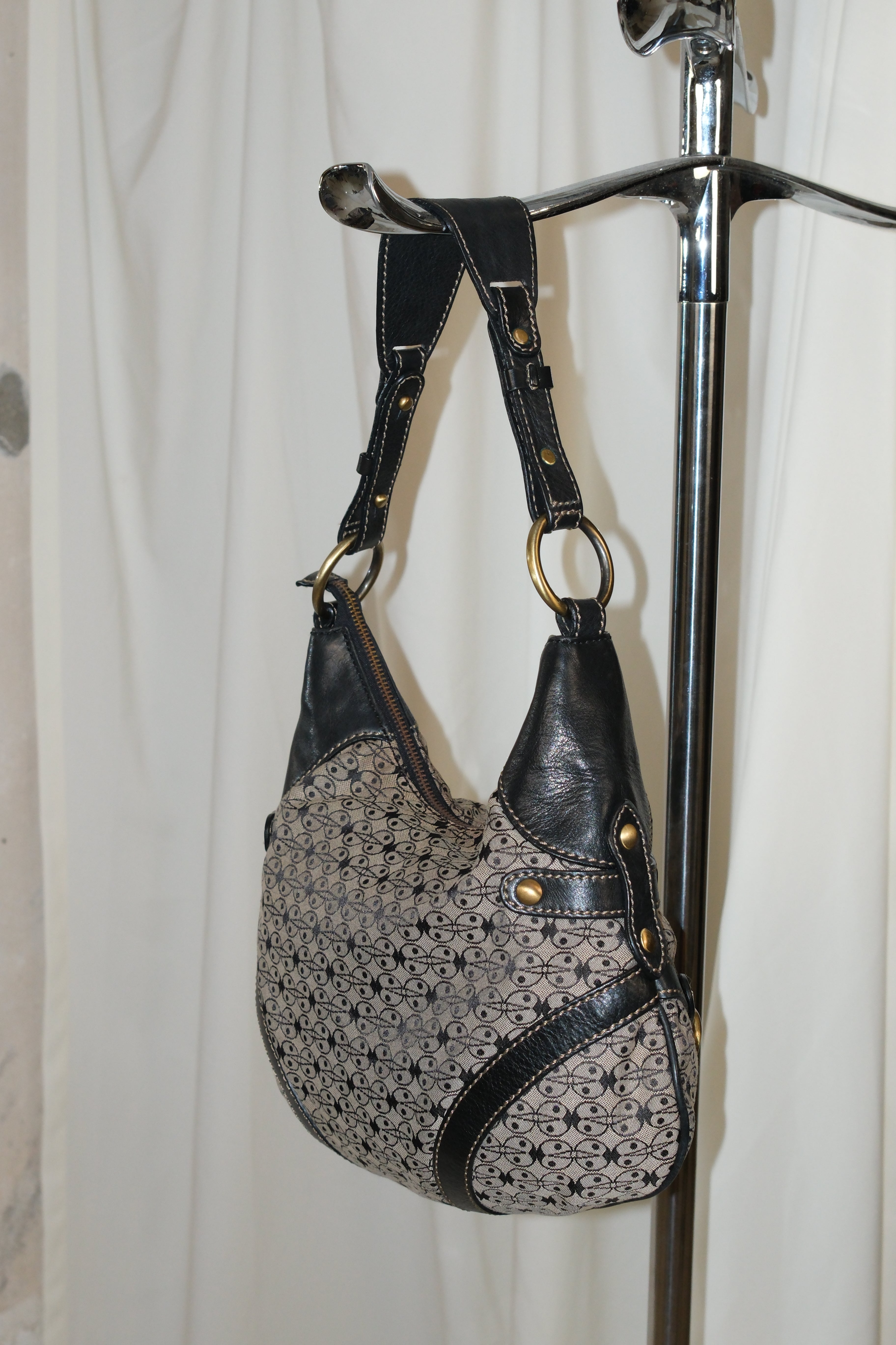 Coccinelle Canvas and Leather Shoulder Bag with Monogram and Gold Hardware