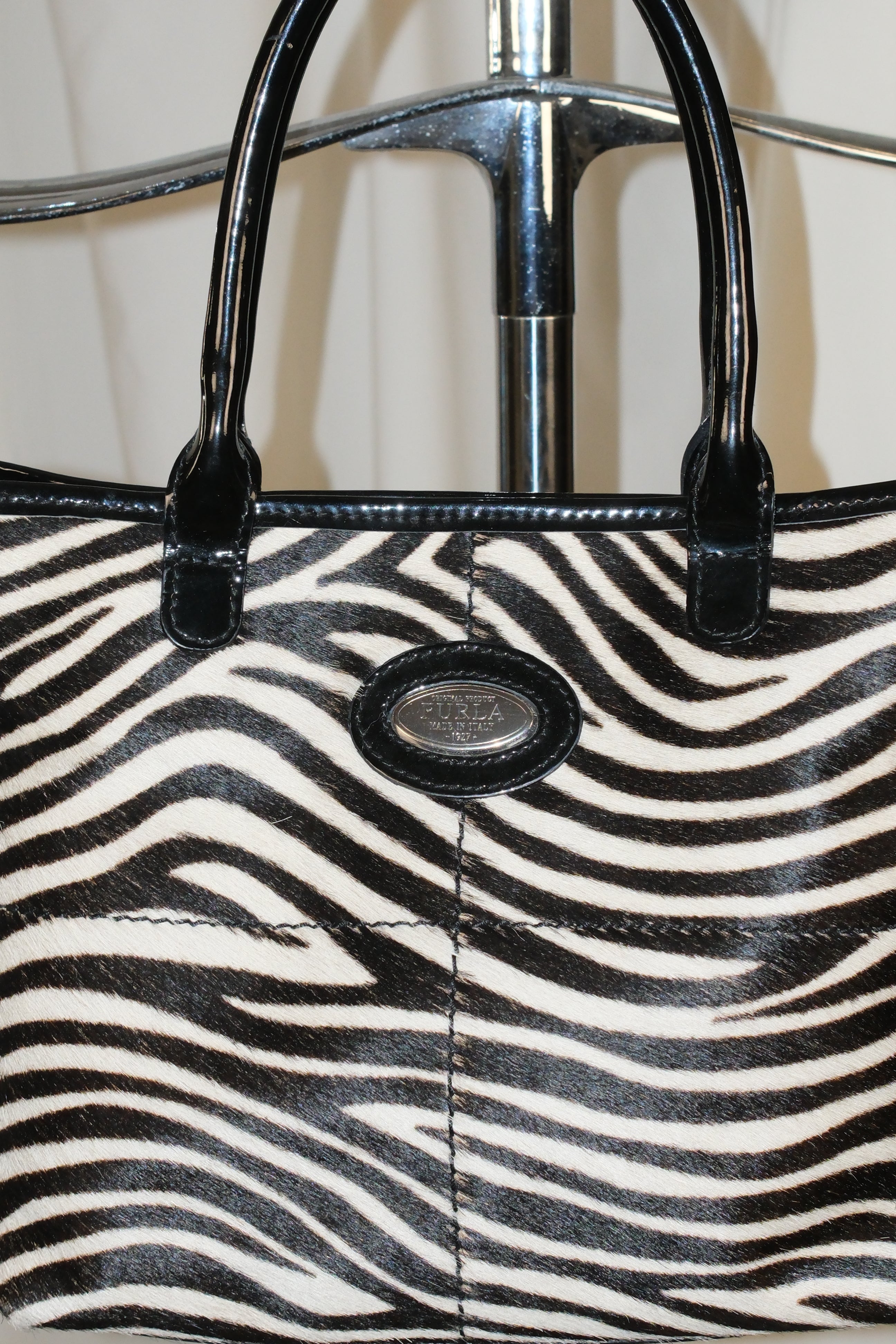 Furla Small Patent Leather Tote Bag with Pony Hair Zebra Print