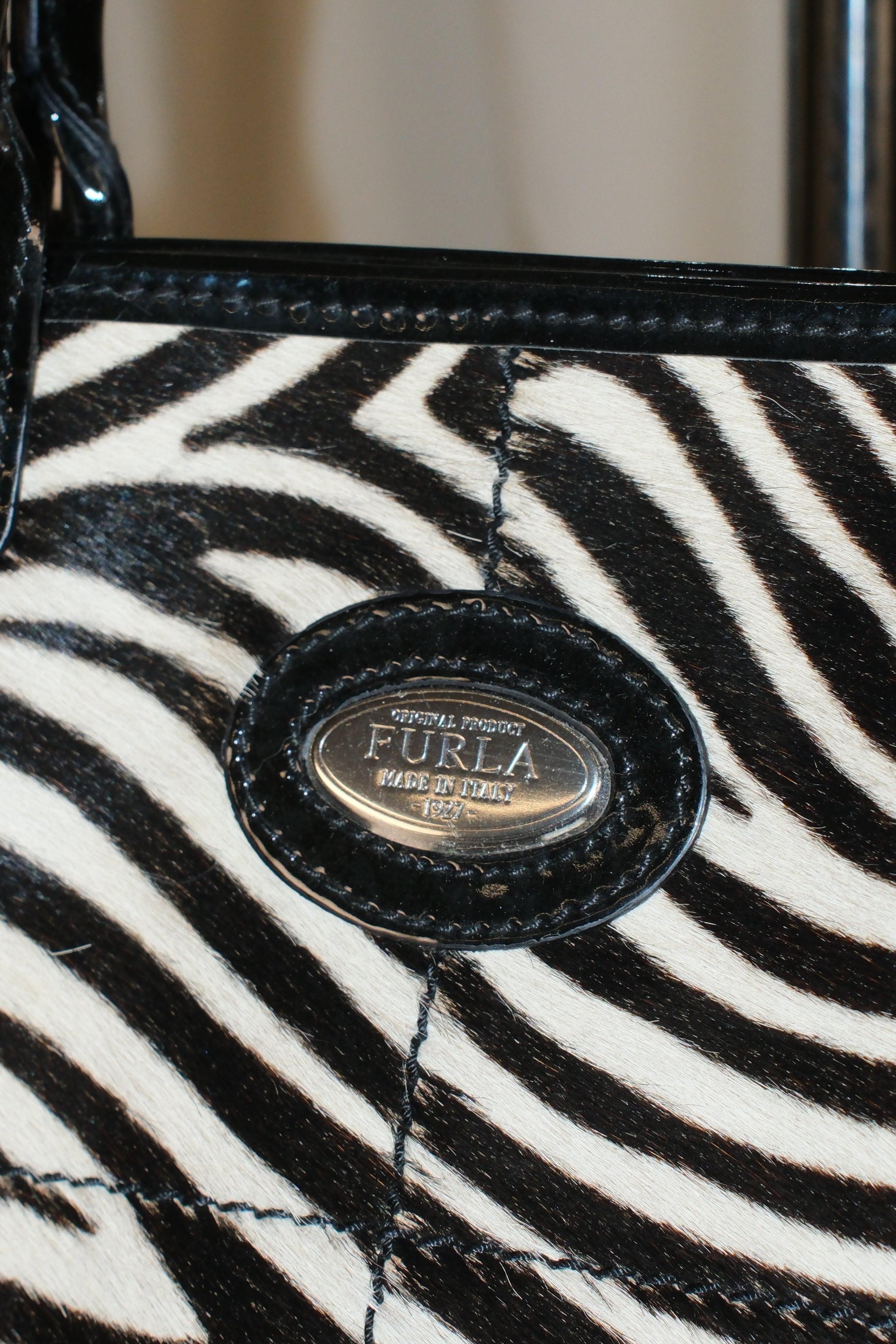 Furla Small Patent Leather Tote Bag with Pony Hair Zebra Print