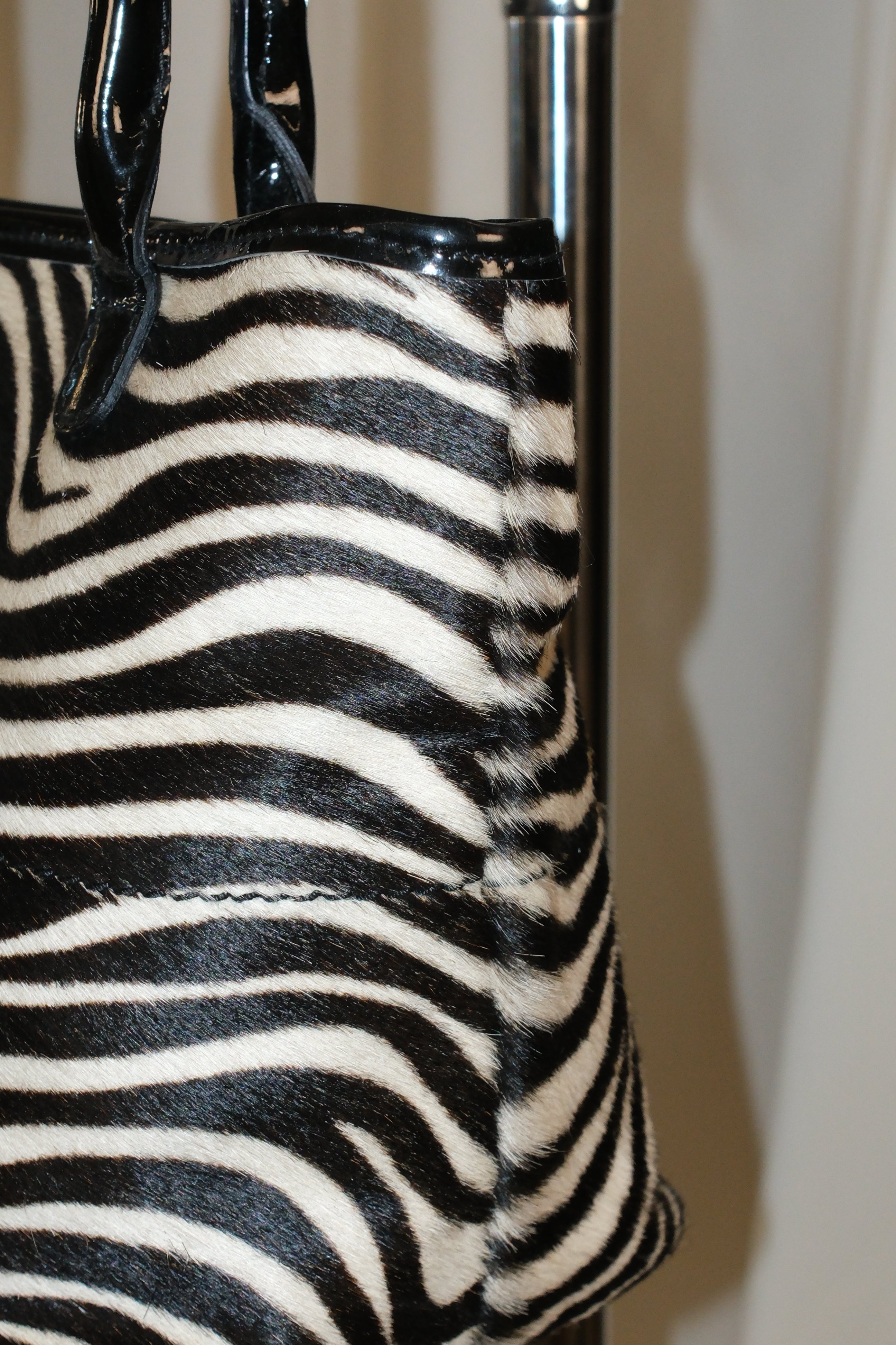 Furla Small Patent Leather Tote Bag with Pony Hair Zebra Print