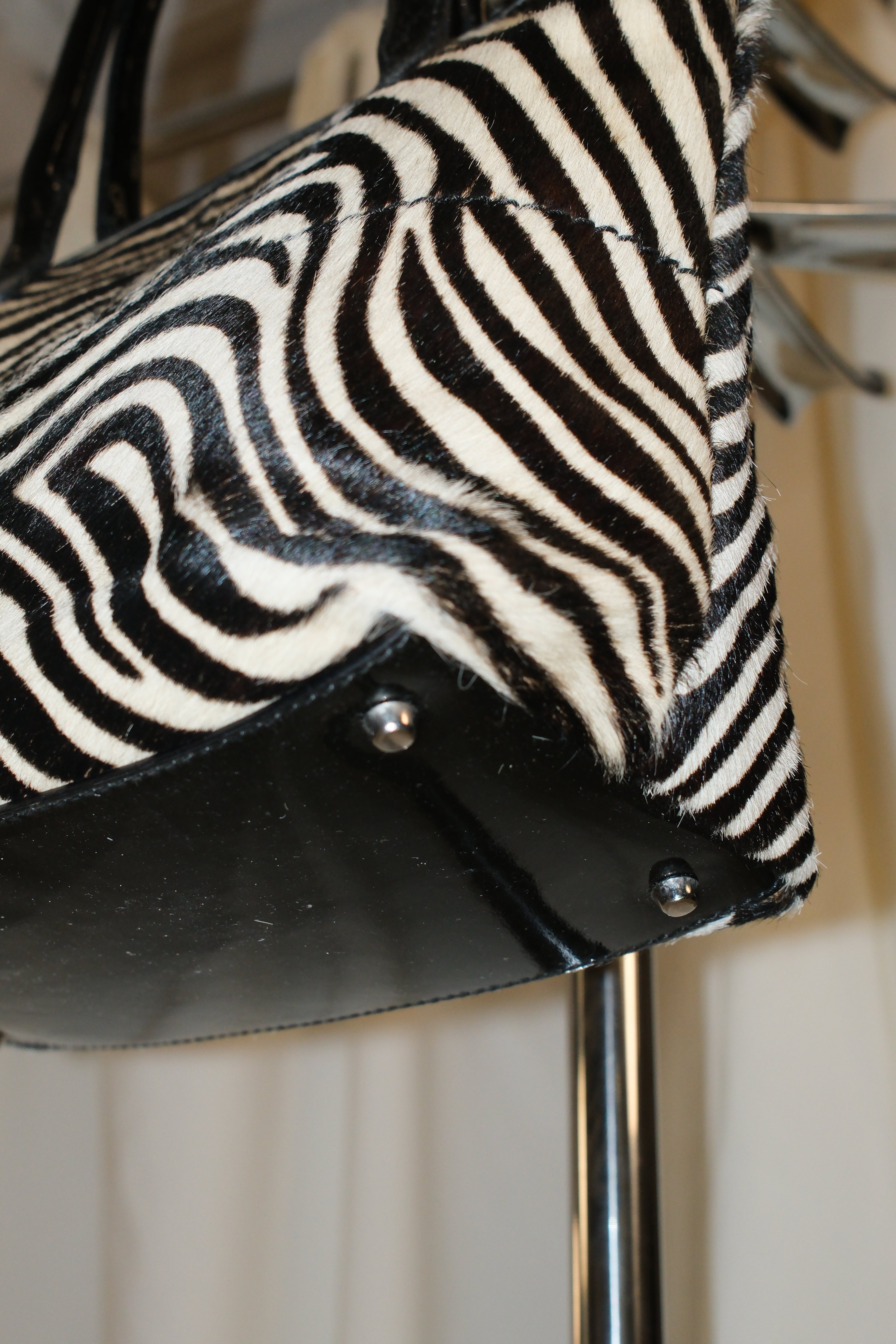 Furla Small Patent Leather Tote Bag with Pony Hair Zebra Print