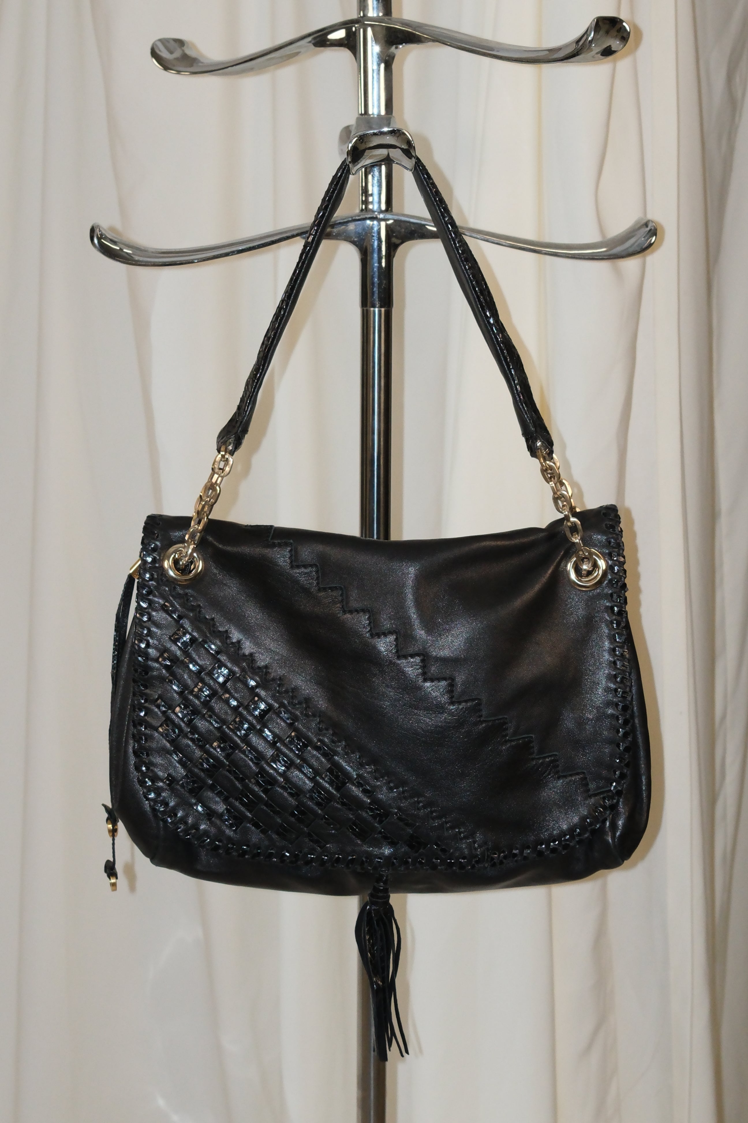Jimmy Choo Black Leather Shoulder Bag with Textured Details and Gold Hardware