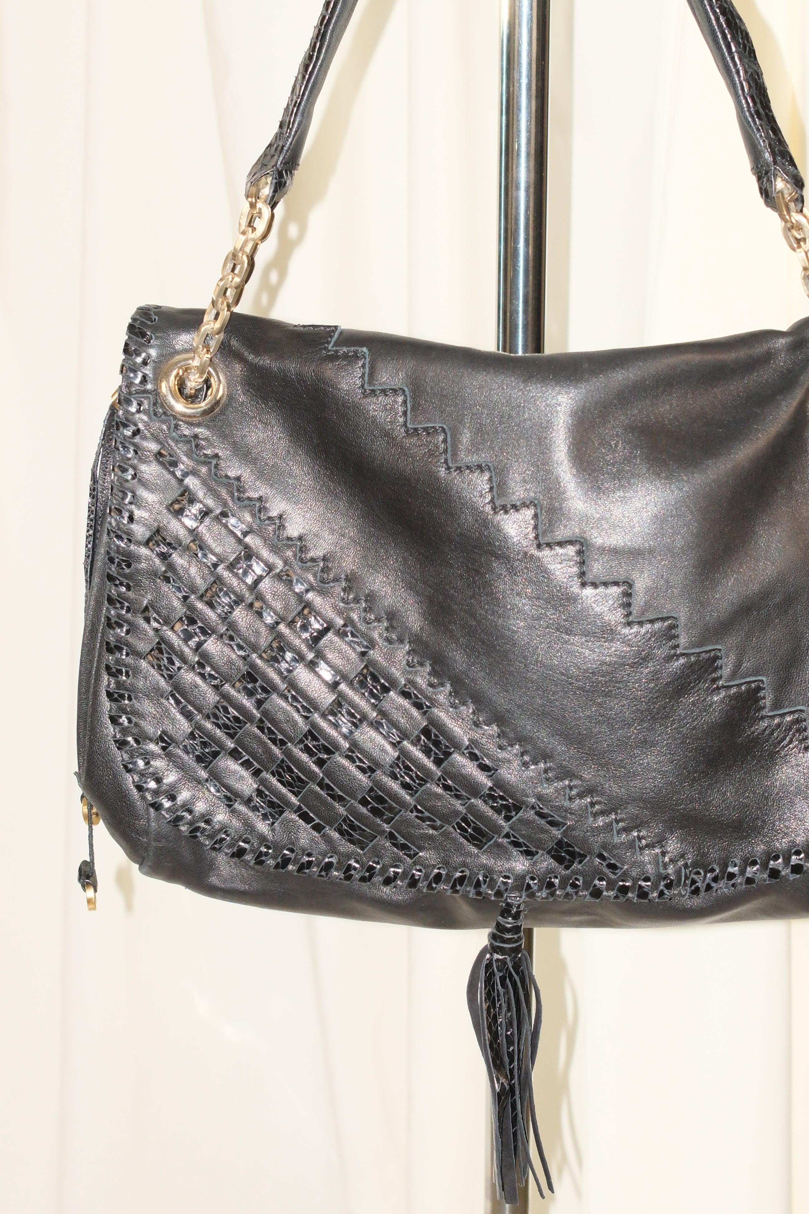 Jimmy Choo Black Leather Shoulder Bag with Textured Details and Gold Hardware