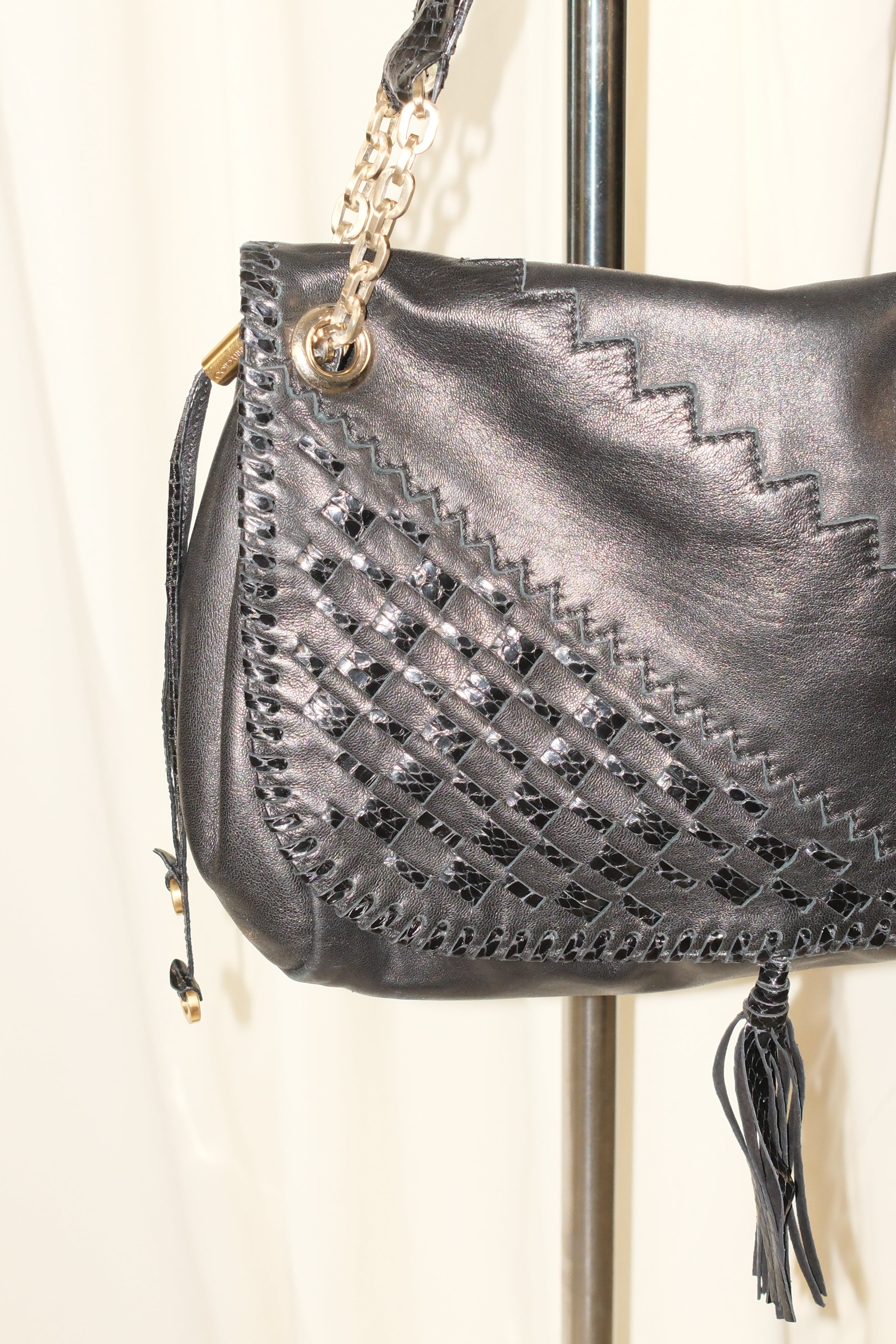 Jimmy Choo Black Leather Shoulder Bag with Textured Details and Gold Hardware