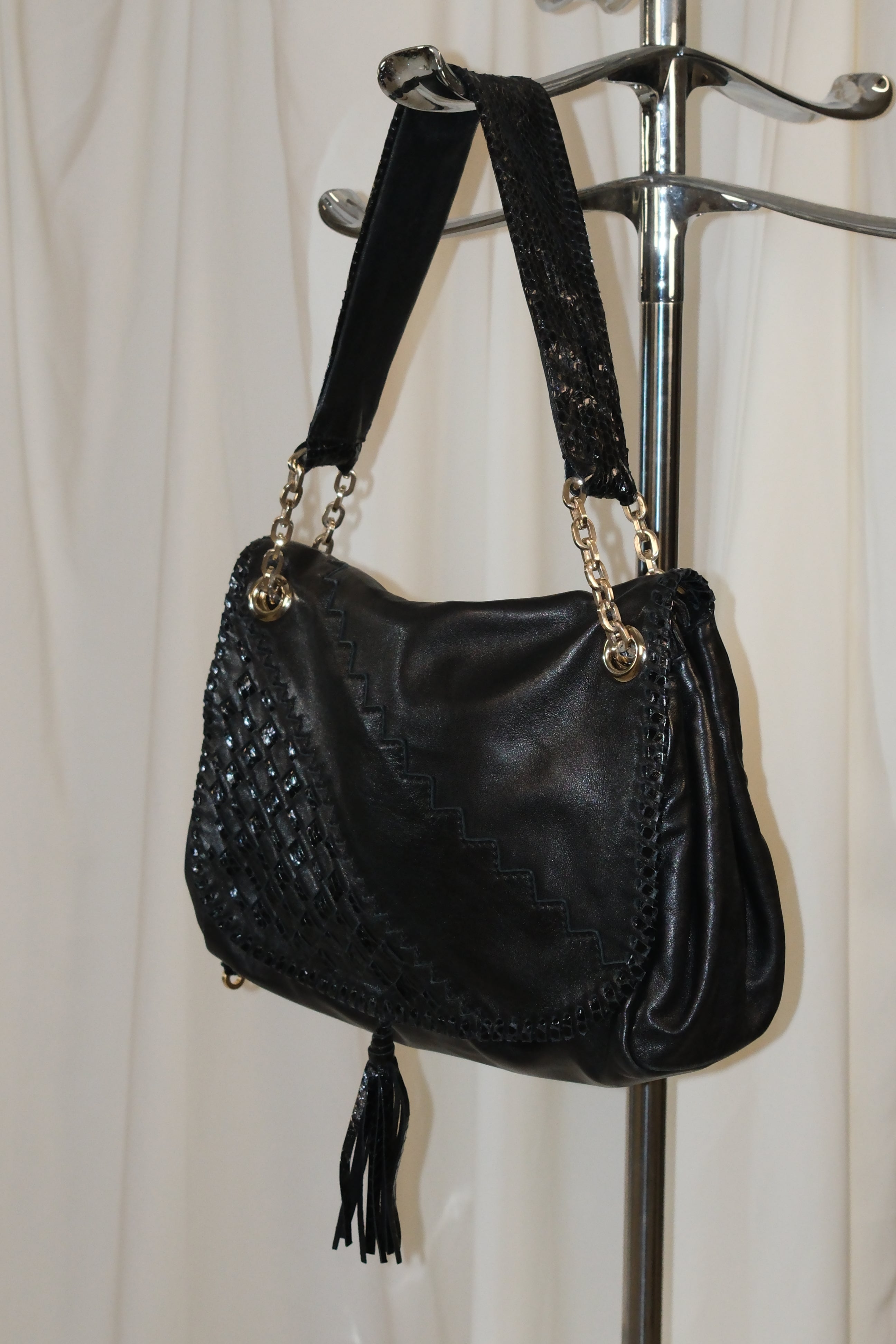 Jimmy Choo Black Leather Shoulder Bag with Textured Details and Gold Hardware