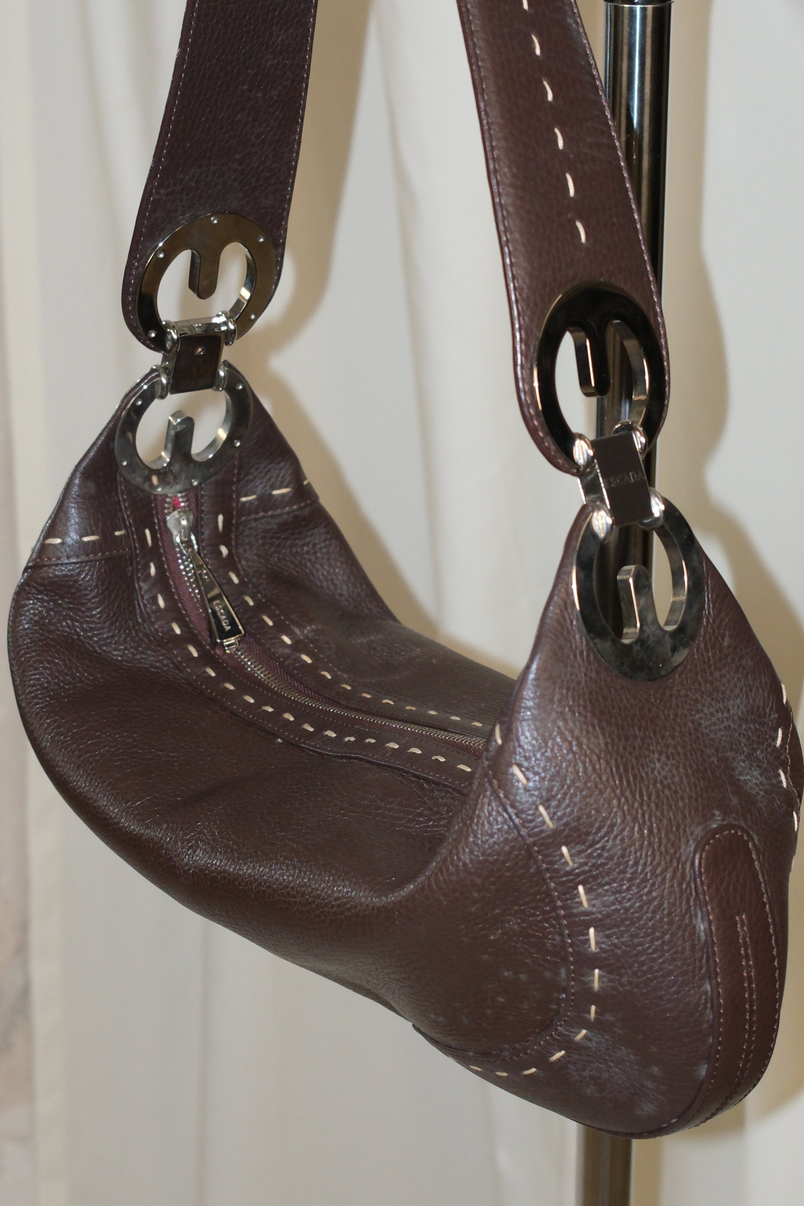 Escada Chocolate Brown Leather Crossbody Bag with Silver Brand Logo Hardware