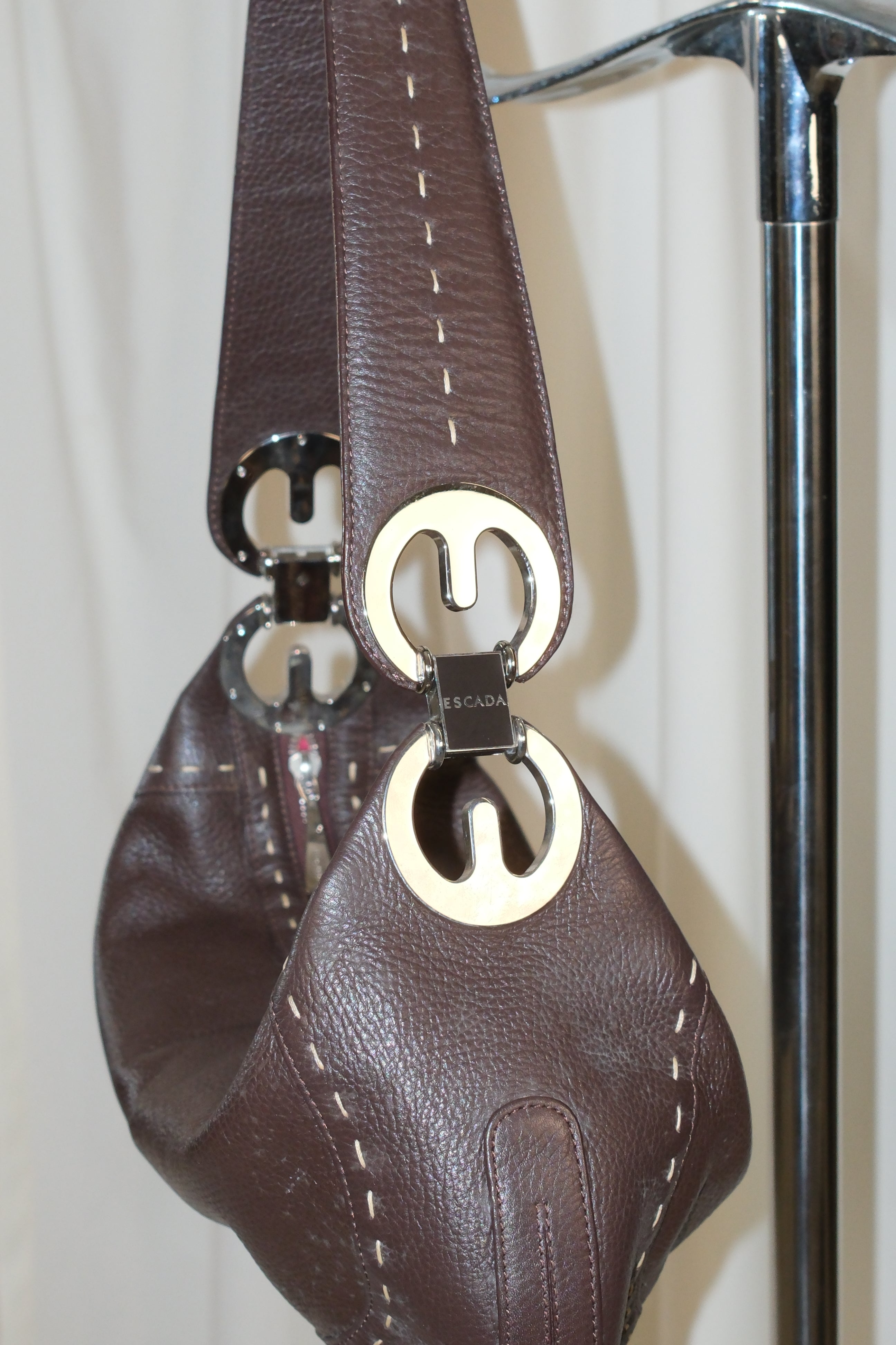 Escada Chocolate Brown Leather Crossbody Bag with Silver Brand Logo Hardware