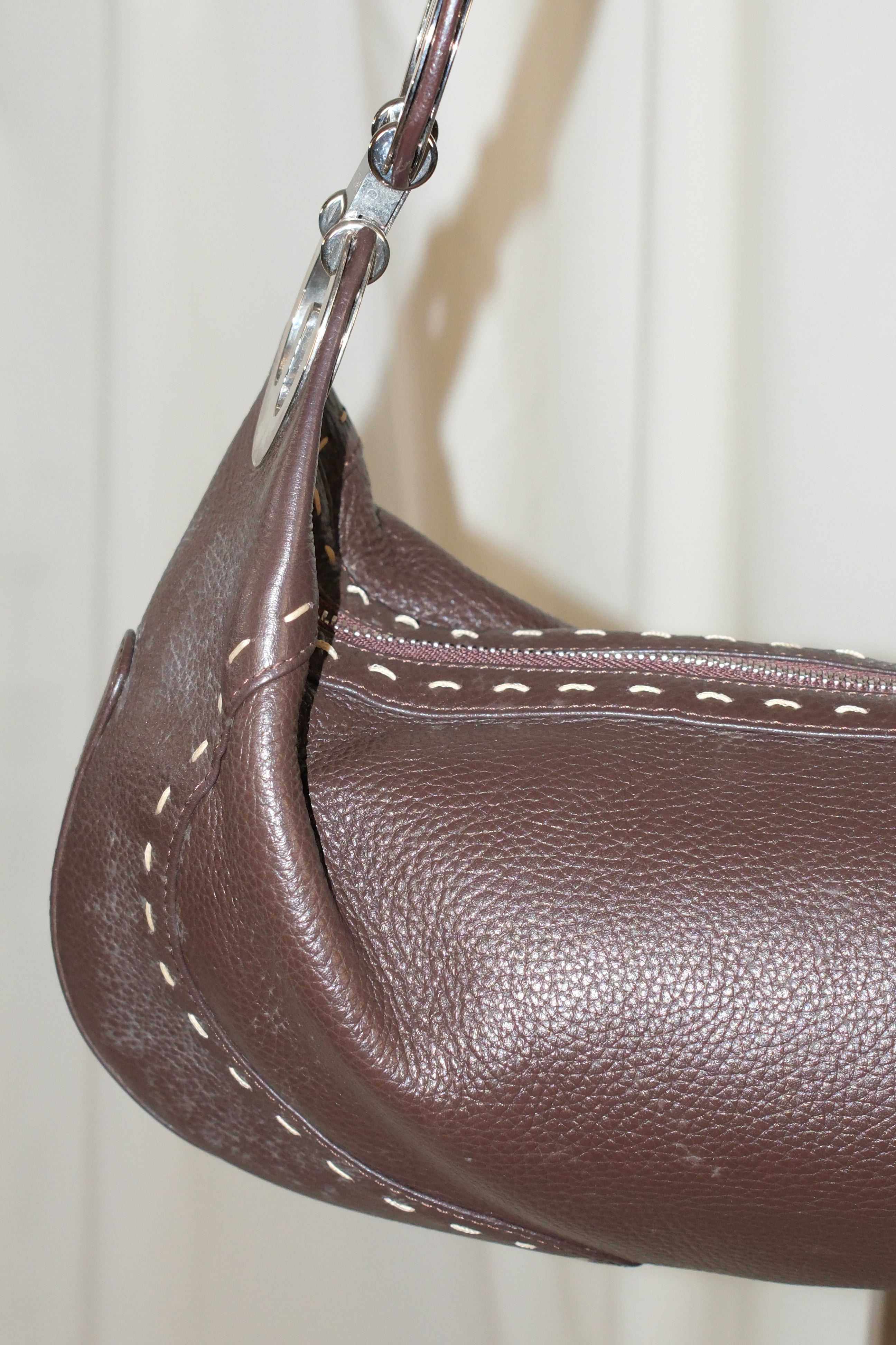 Escada Chocolate Brown Leather Crossbody Bag with Silver Brand Logo Hardware