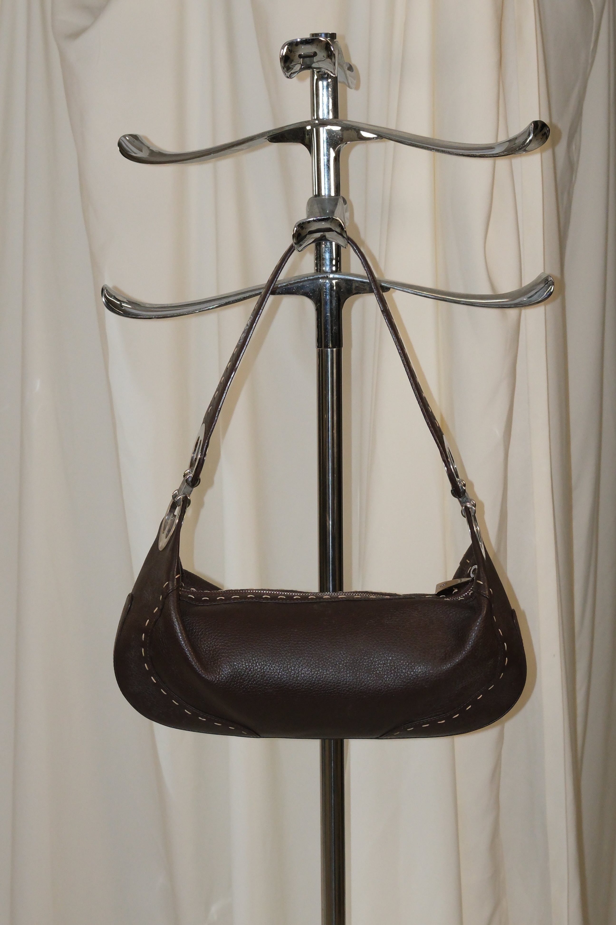 Escada Chocolate Brown Leather Crossbody Bag with Silver Brand Logo Hardware