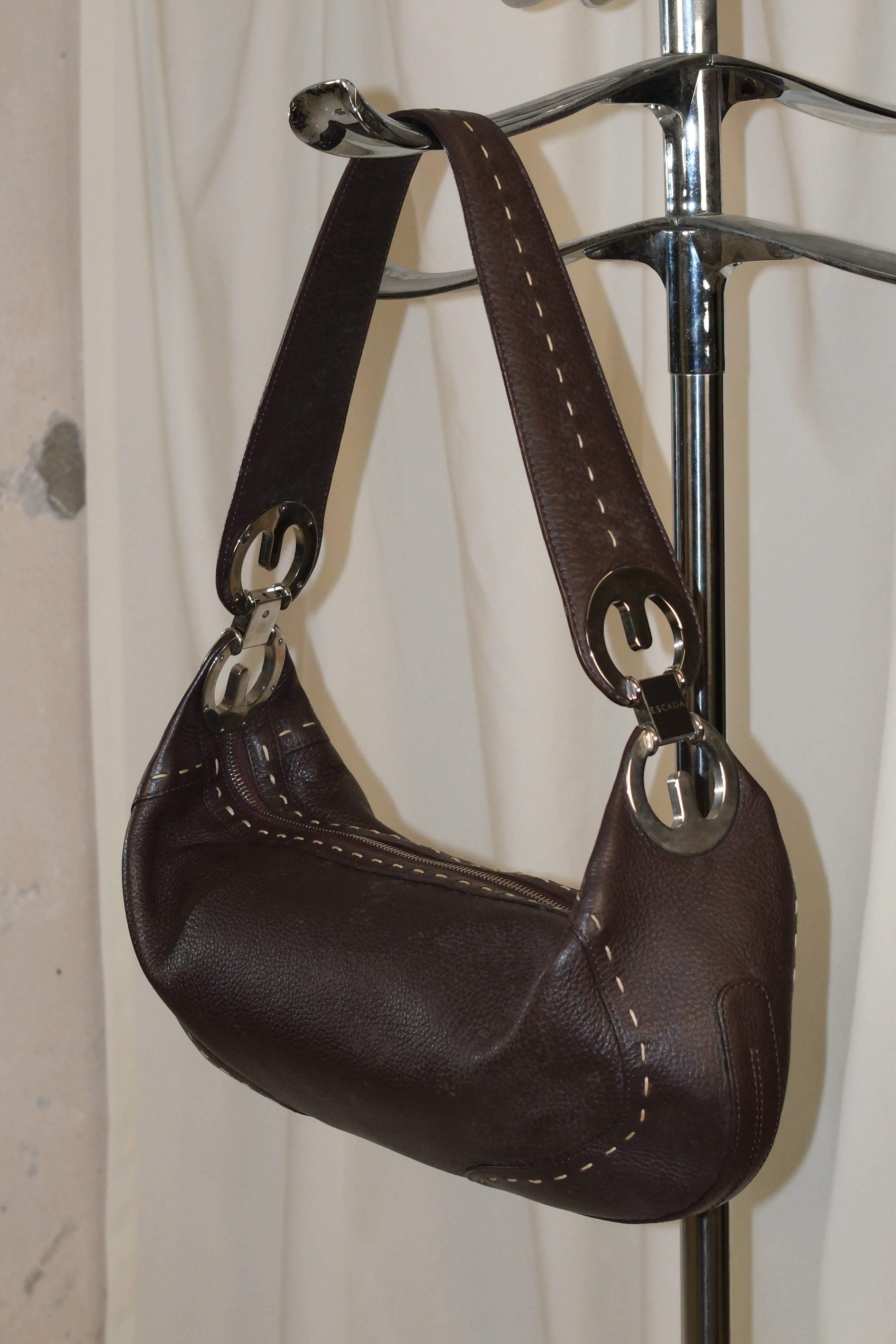 Escada Chocolate Brown Leather Crossbody Bag with Silver Brand Logo Hardware