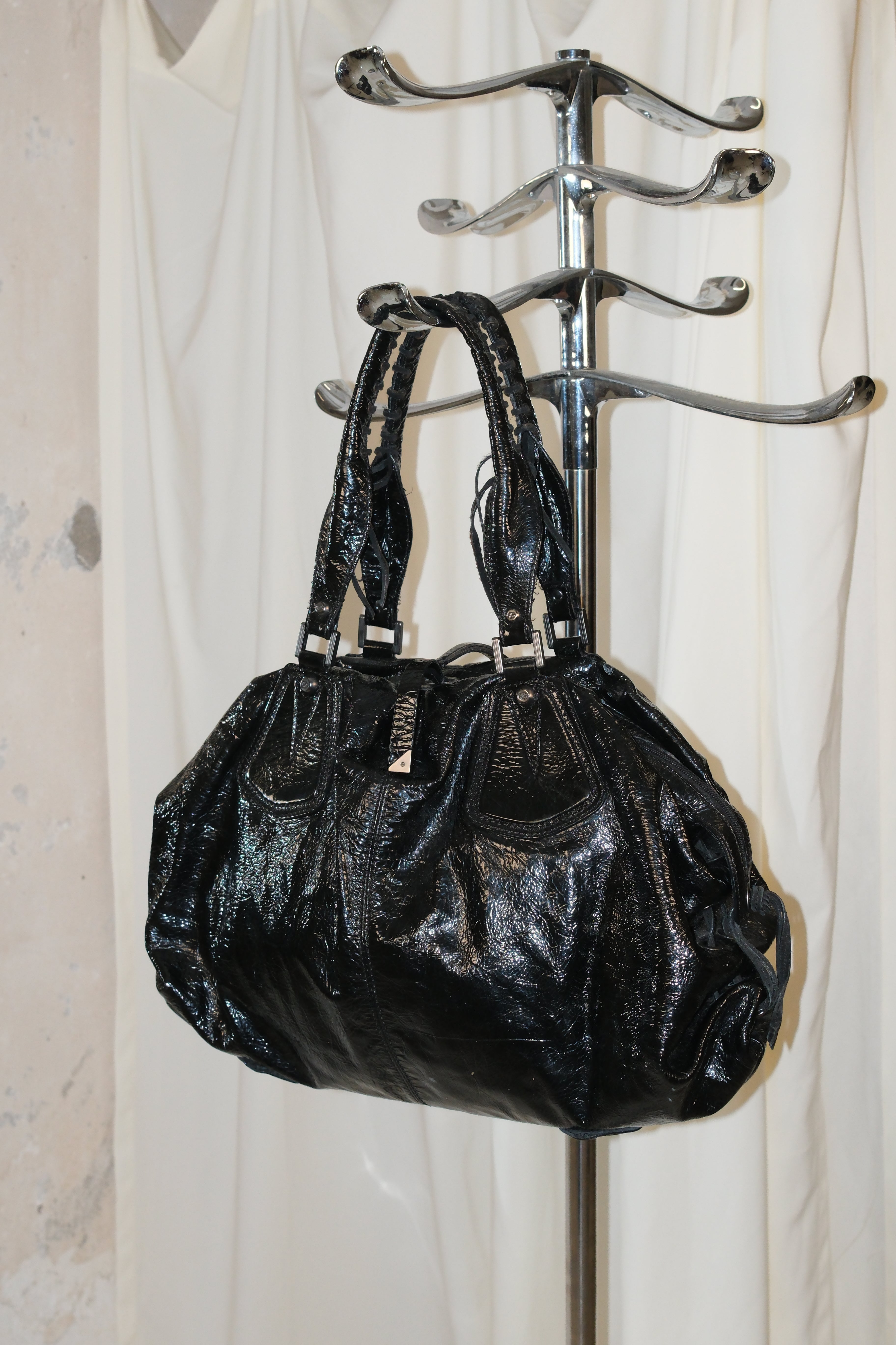 Francesco Biasia Large Patent Leather Shoulder Bag with Falling Fringe Straps