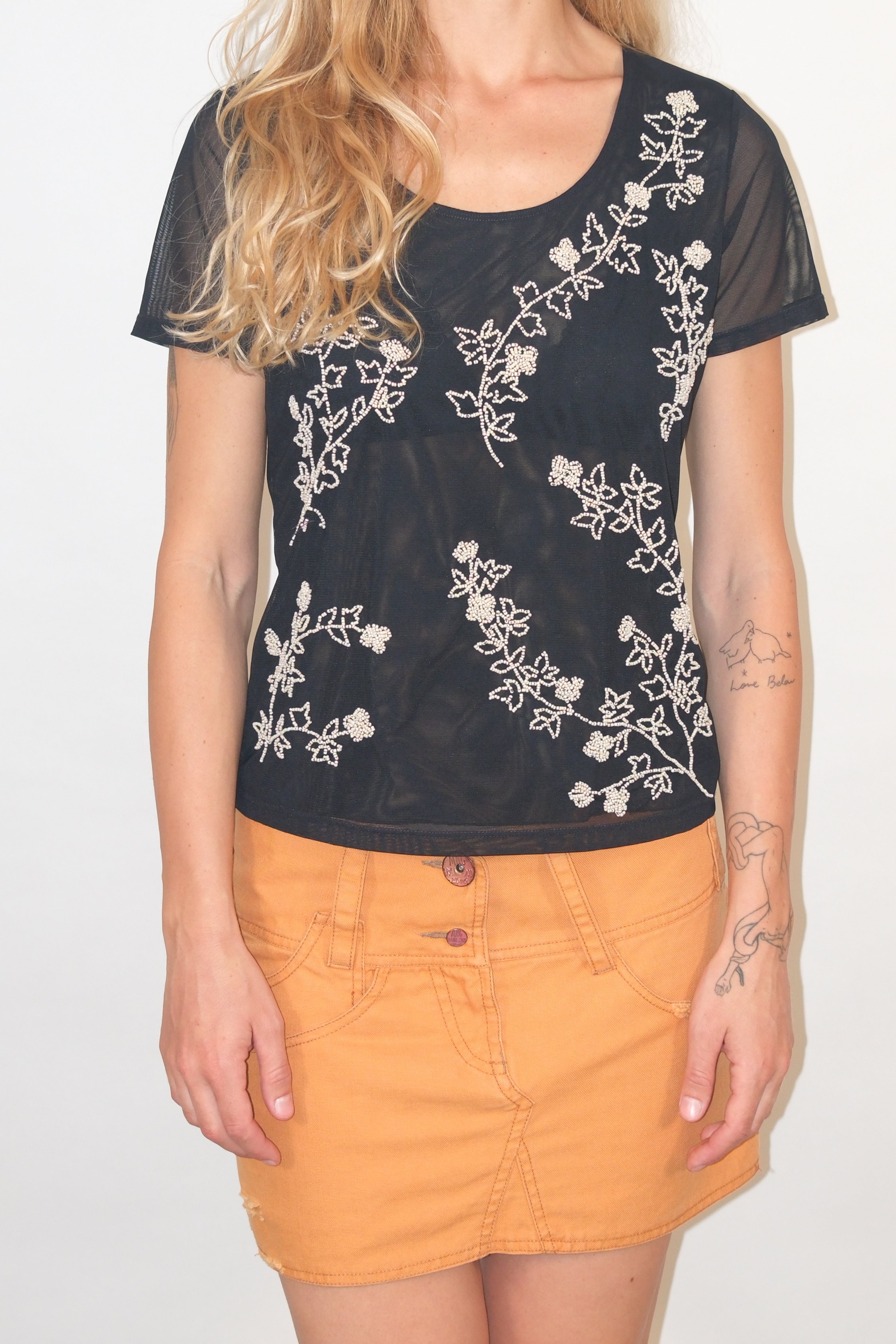 Black Sheer Short-Sleeve Top With White Floral Details