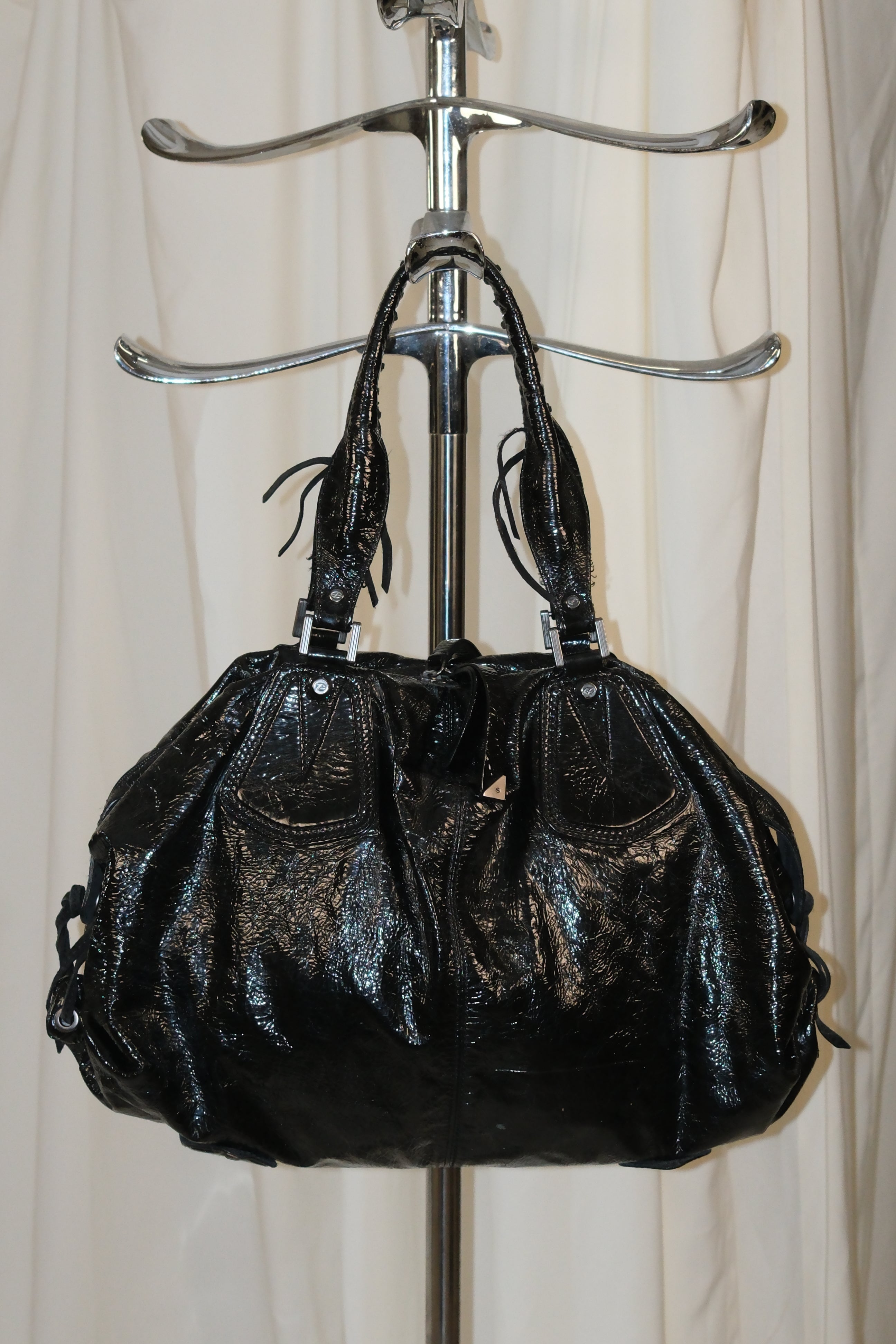 Francesco Biasia Large Patent Leather Shoulder Bag with Falling Fringe Straps