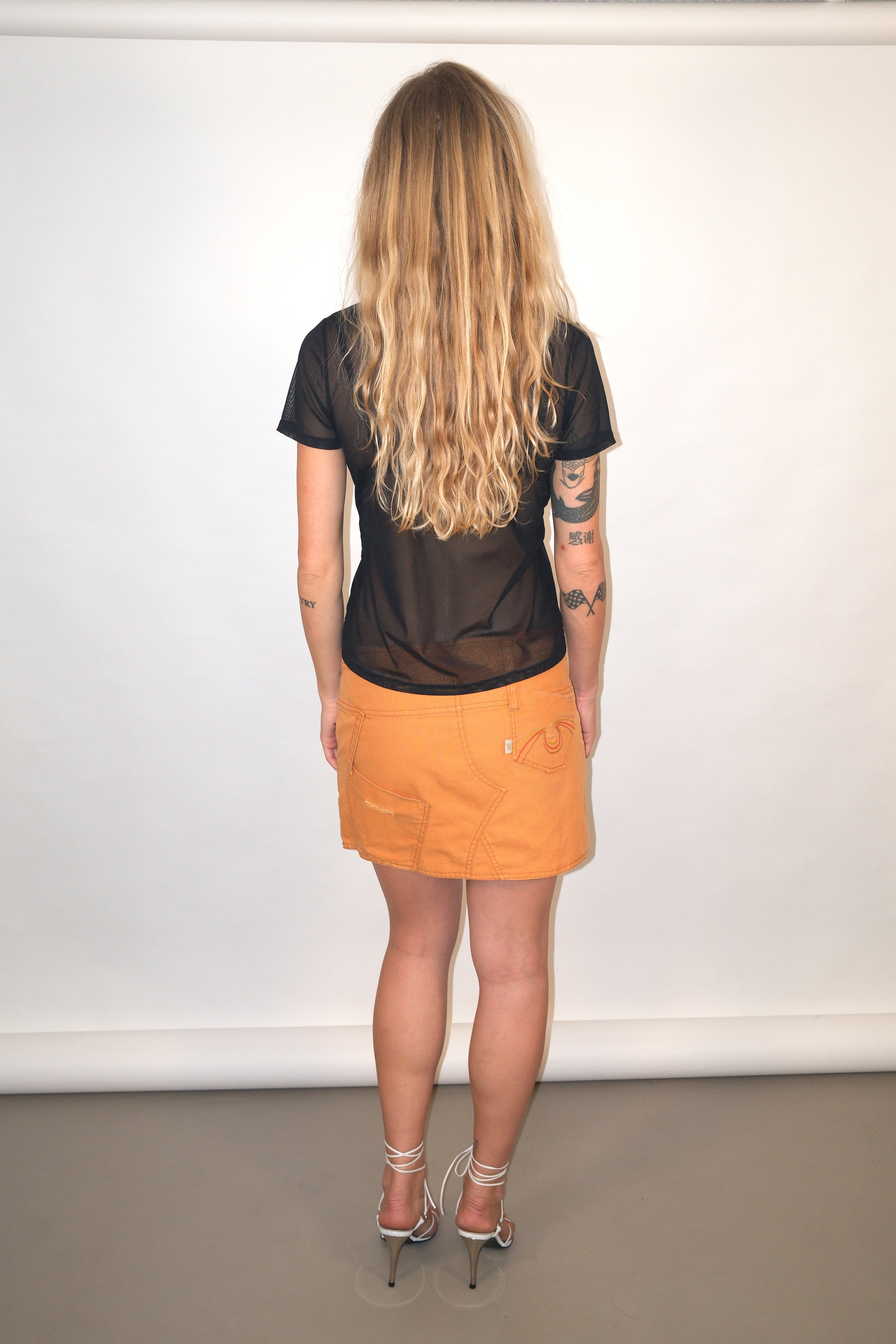 Black Sheer Short-Sleeve Top With White Floral Details
