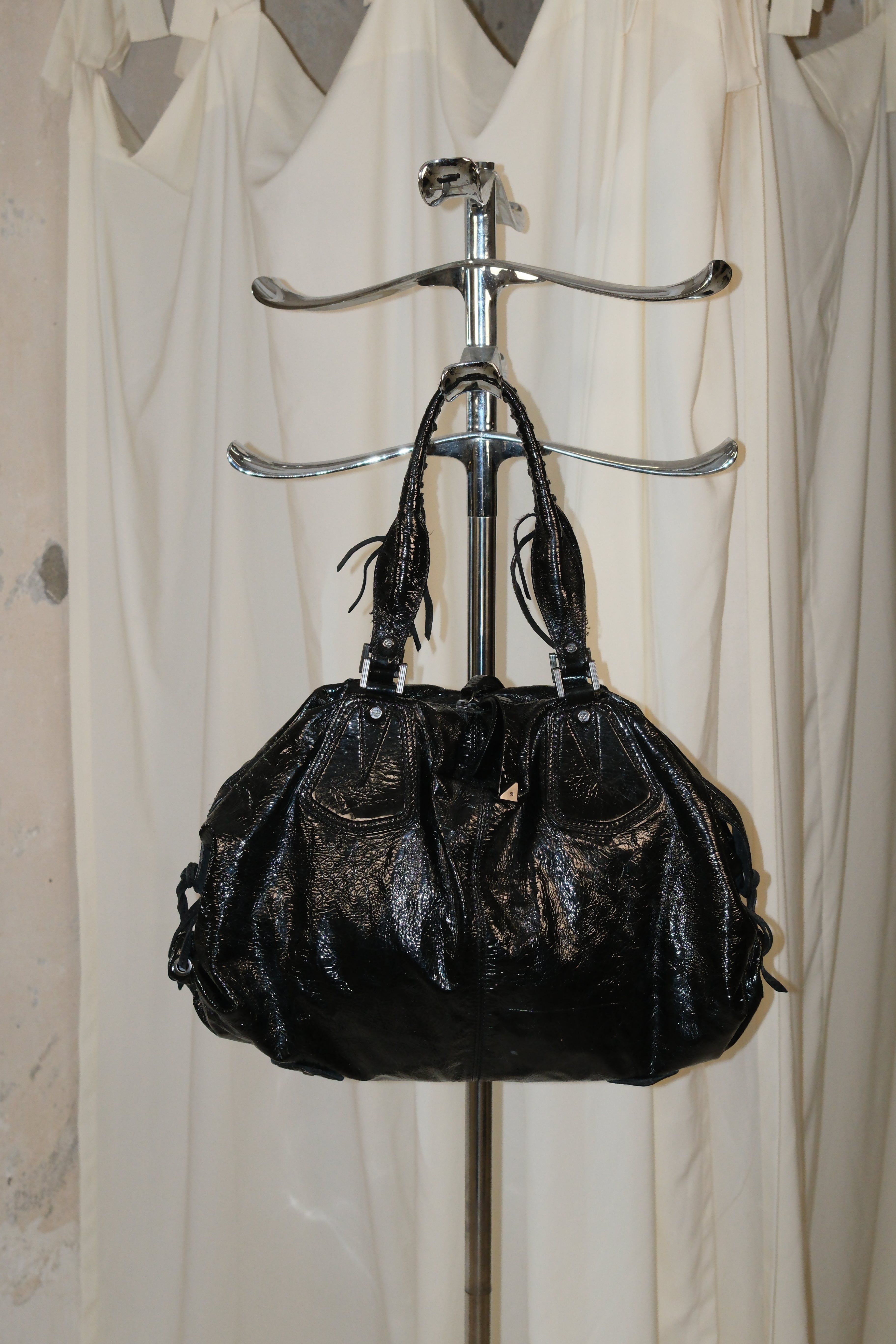Francesco Biasia Large Patent Leather Shoulder Bag with Falling Fringe Straps