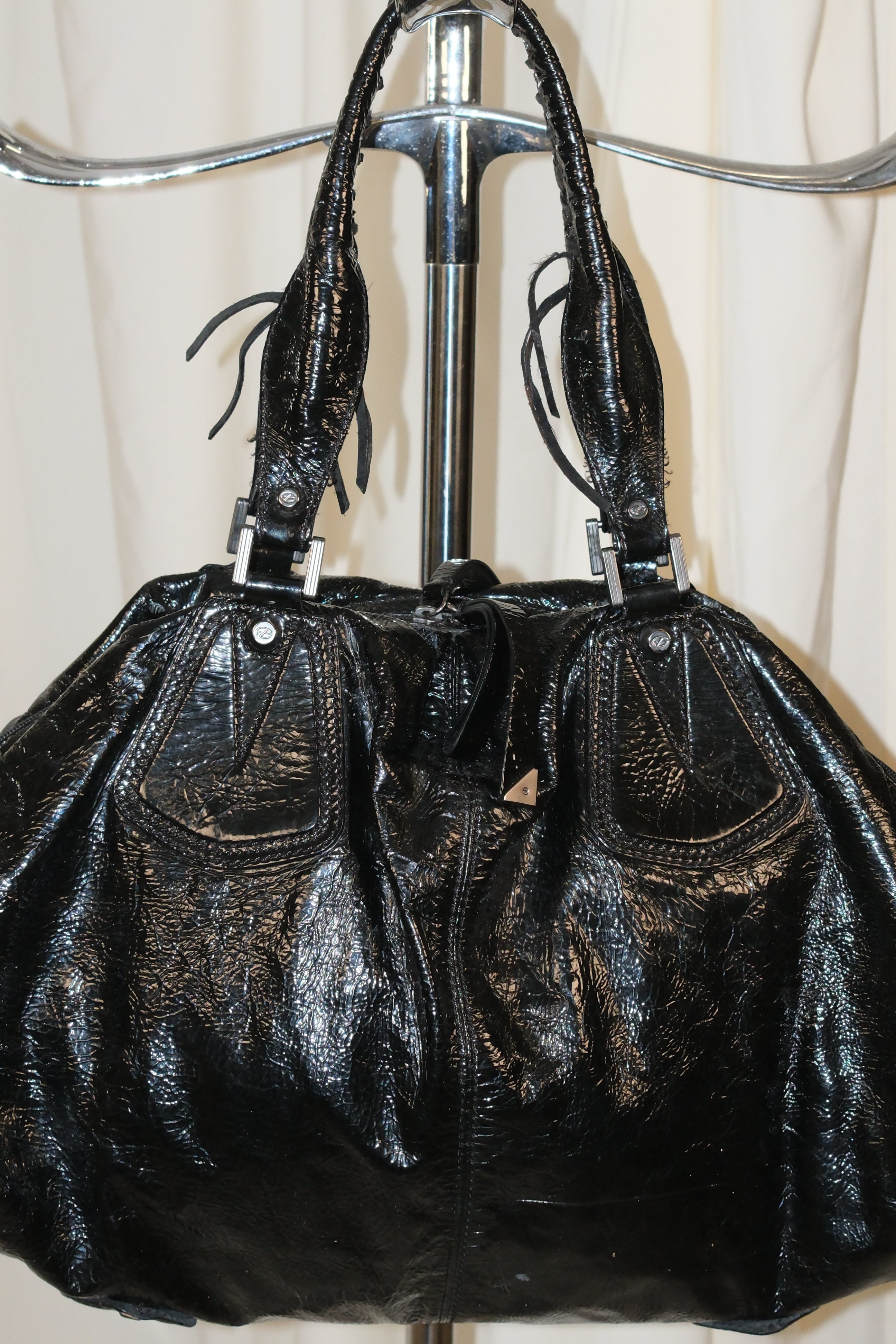 Francesco Biasia Large Patent Leather Shoulder Bag with Falling Fringe Straps