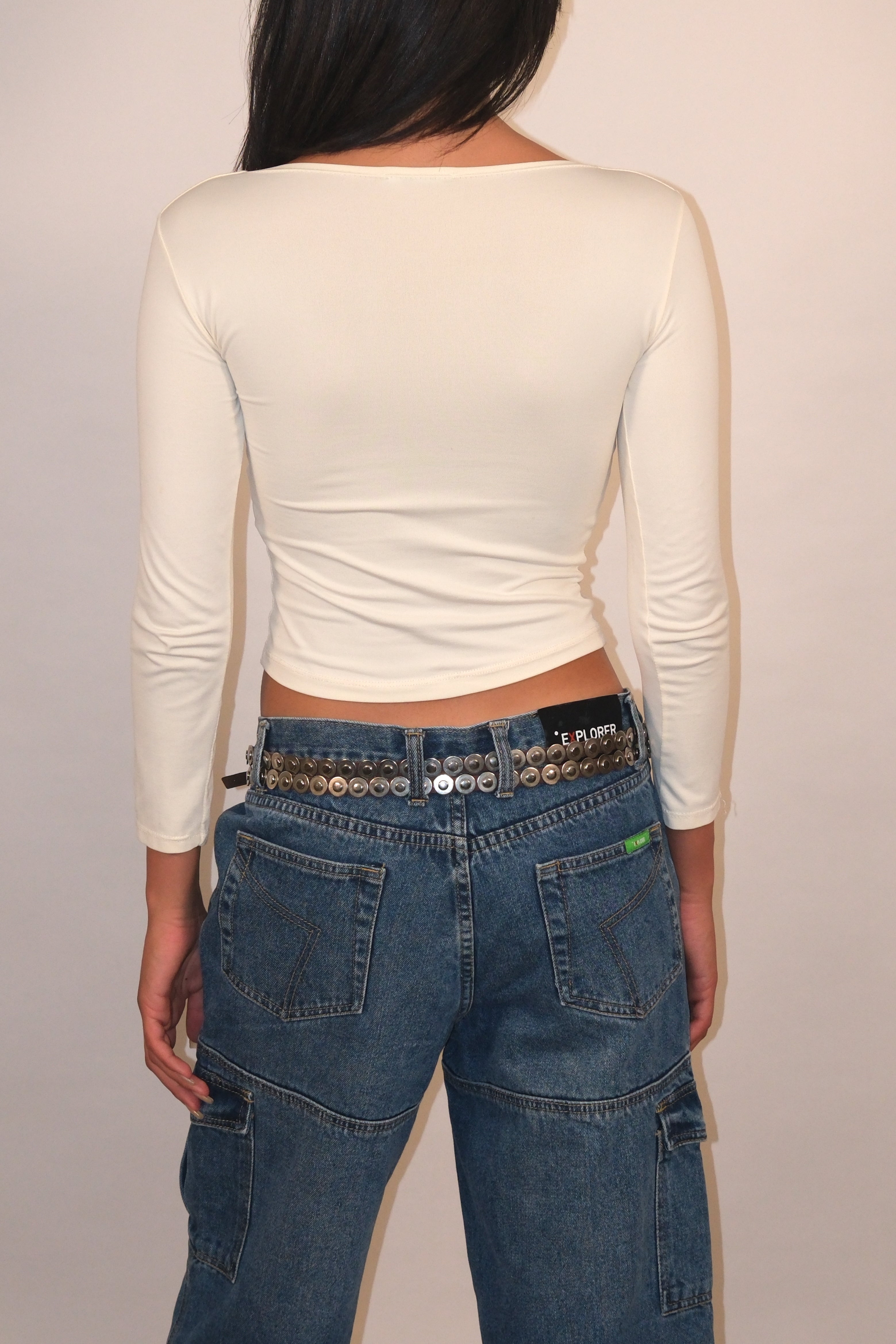 Cream Long-Sleeve Cropped Top With Square Neckline