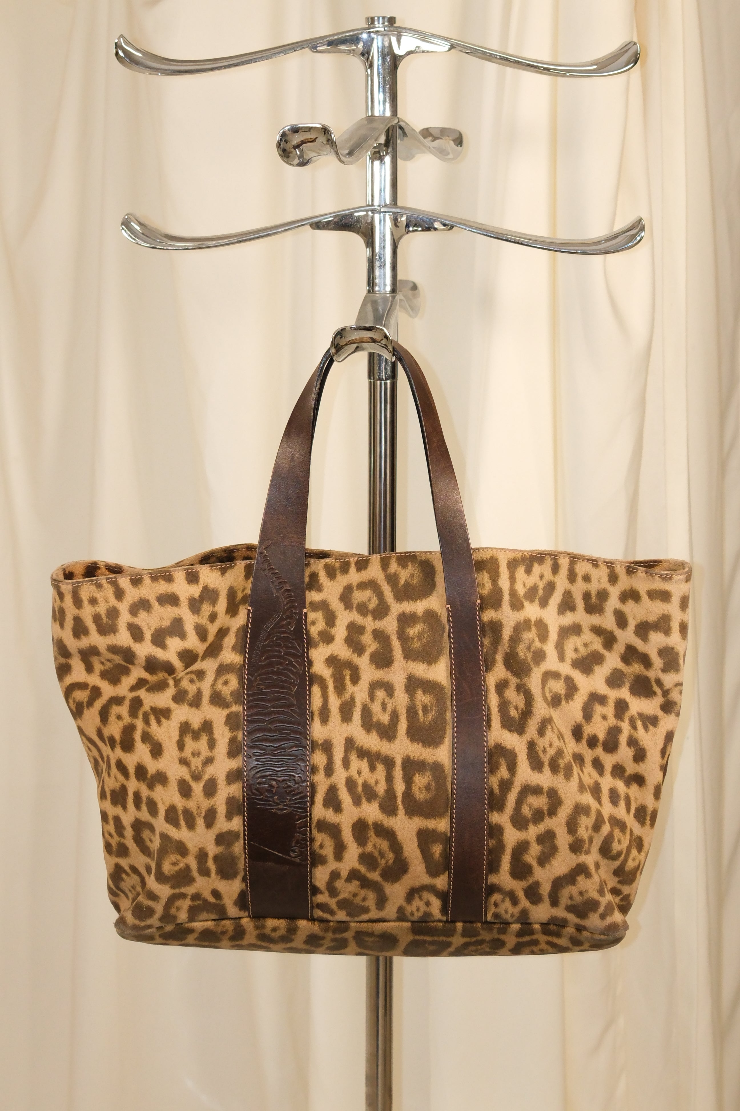Roberto Cavalli Large Leather Leopard Print Tote Bag with Panther Strap Detail