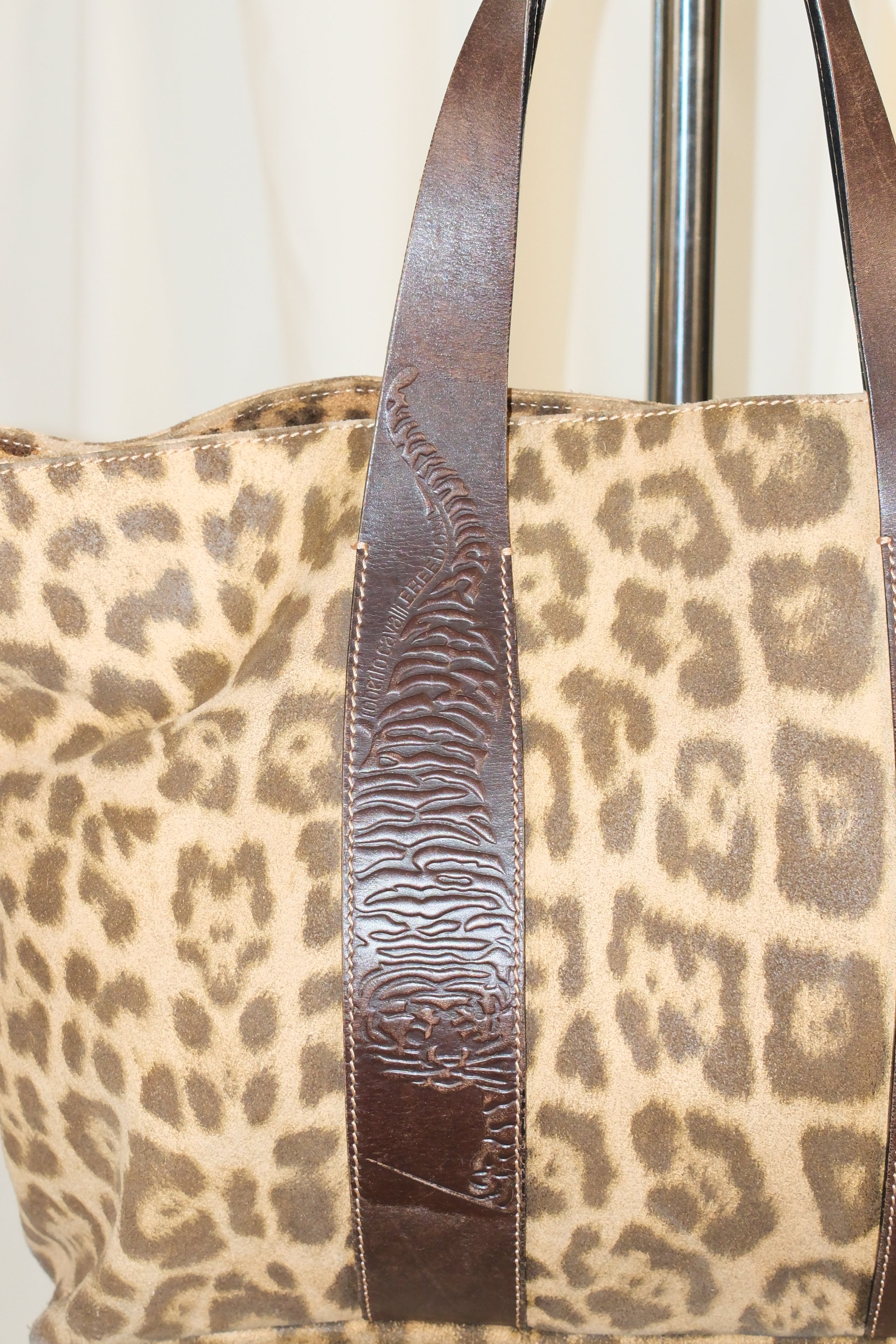 Roberto Cavalli Large Leather Leopard Print Tote Bag with Panther Strap Detail
