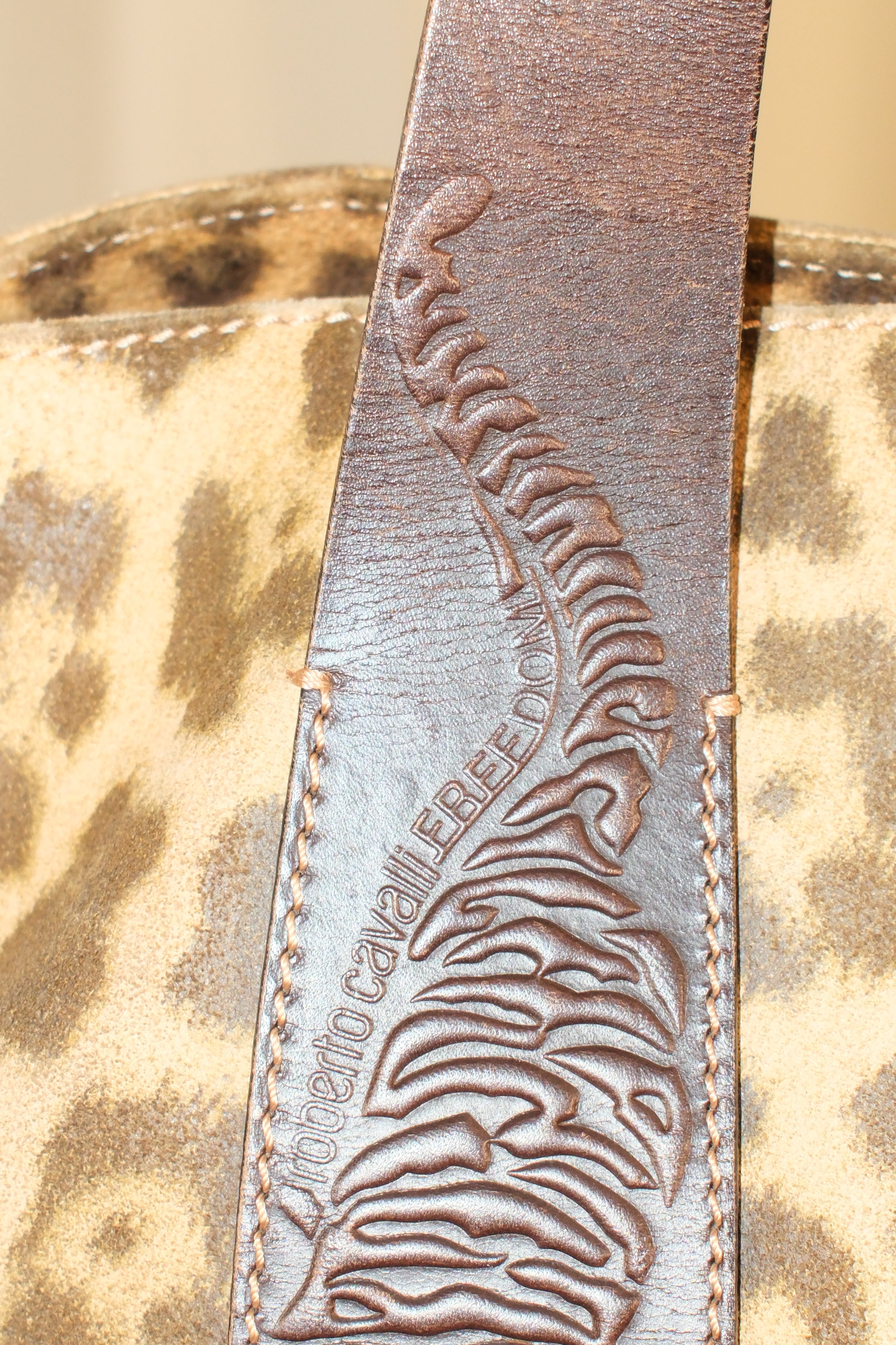 Roberto Cavalli Large Leather Leopard Print Tote Bag with Panther Strap Detail