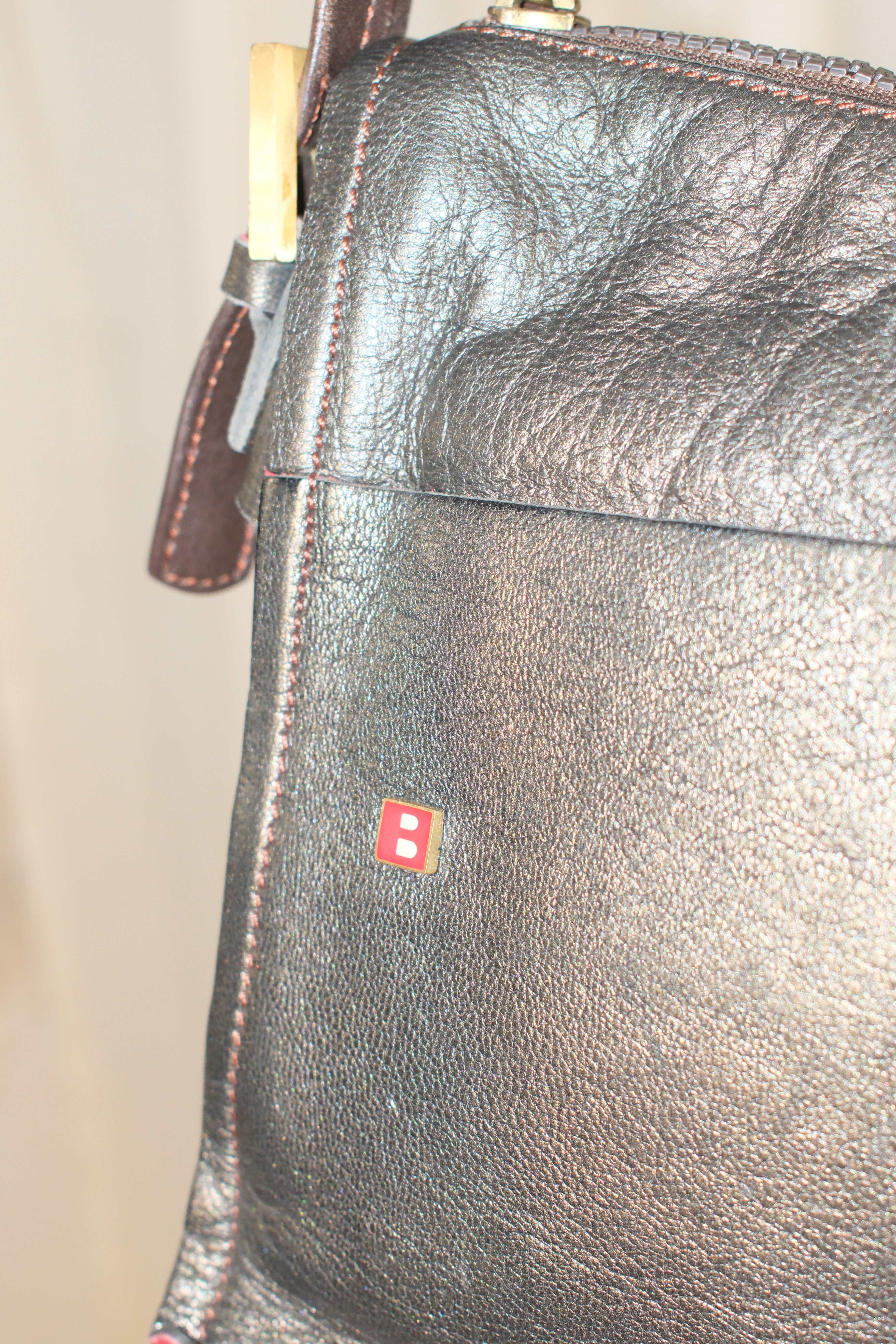 Bally Green And Grey Metallic Boxy Leather Bag