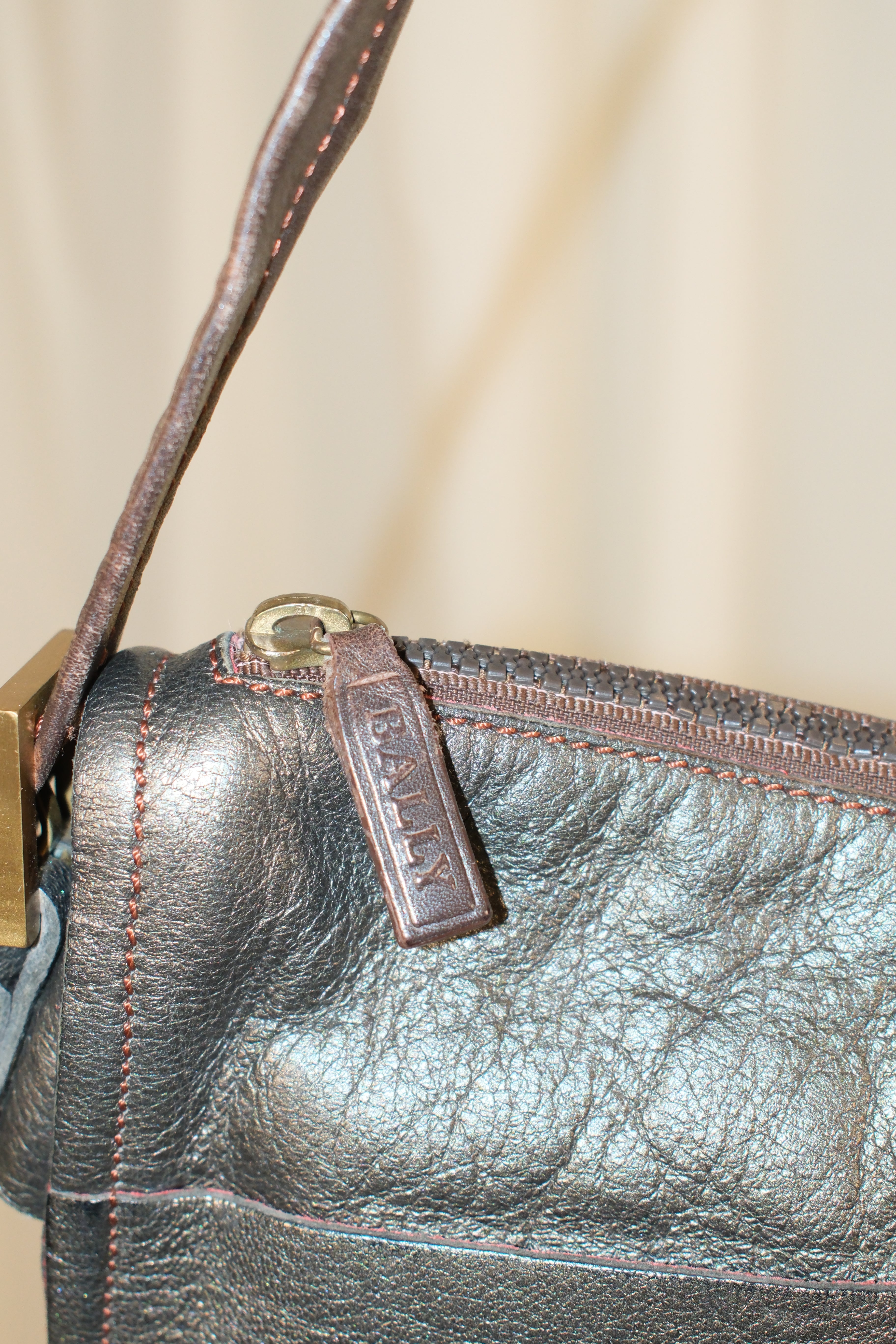 Bally Green And Grey Metallic Boxy Leather Bag