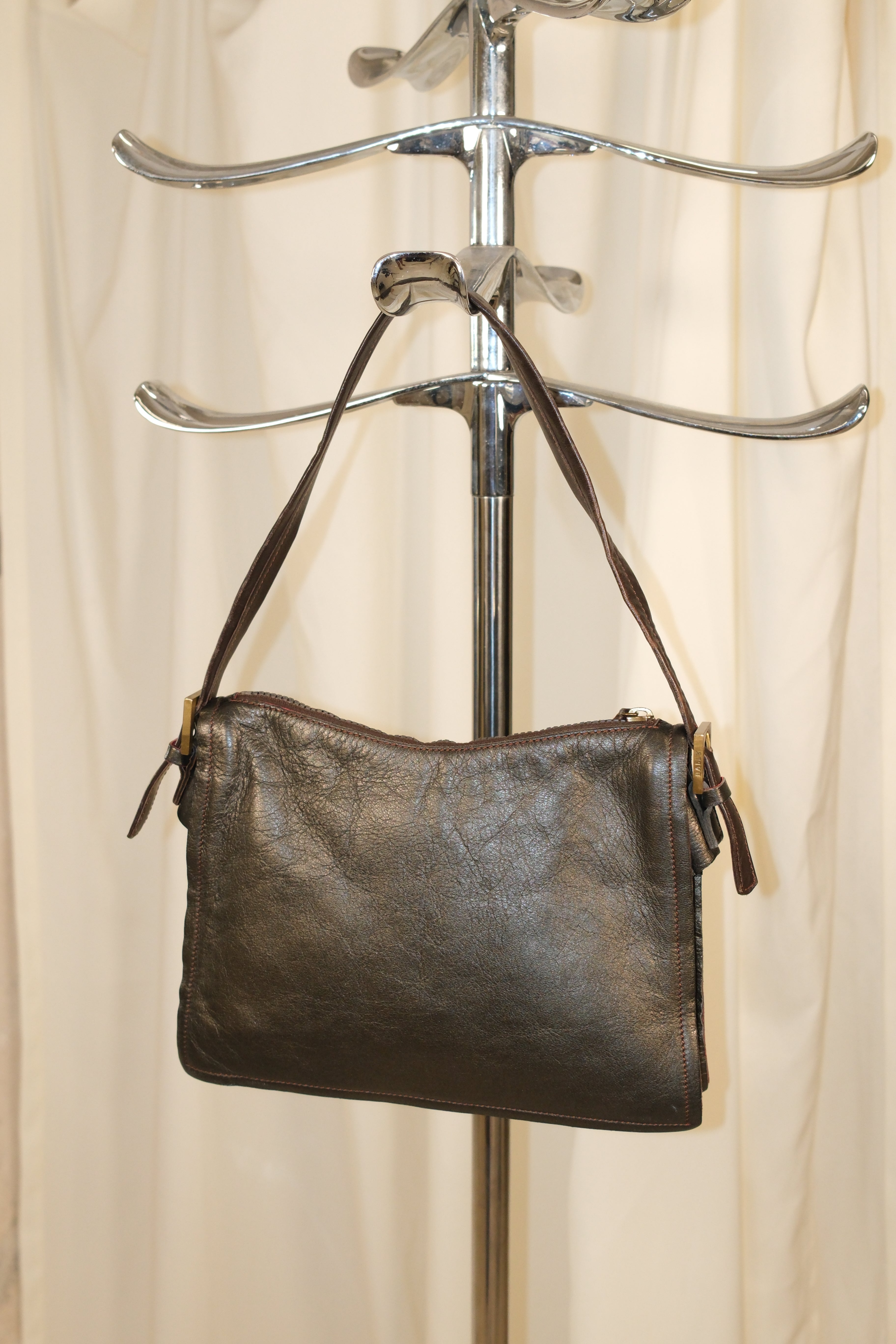 Bally Green And Grey Metallic Boxy Leather Bag