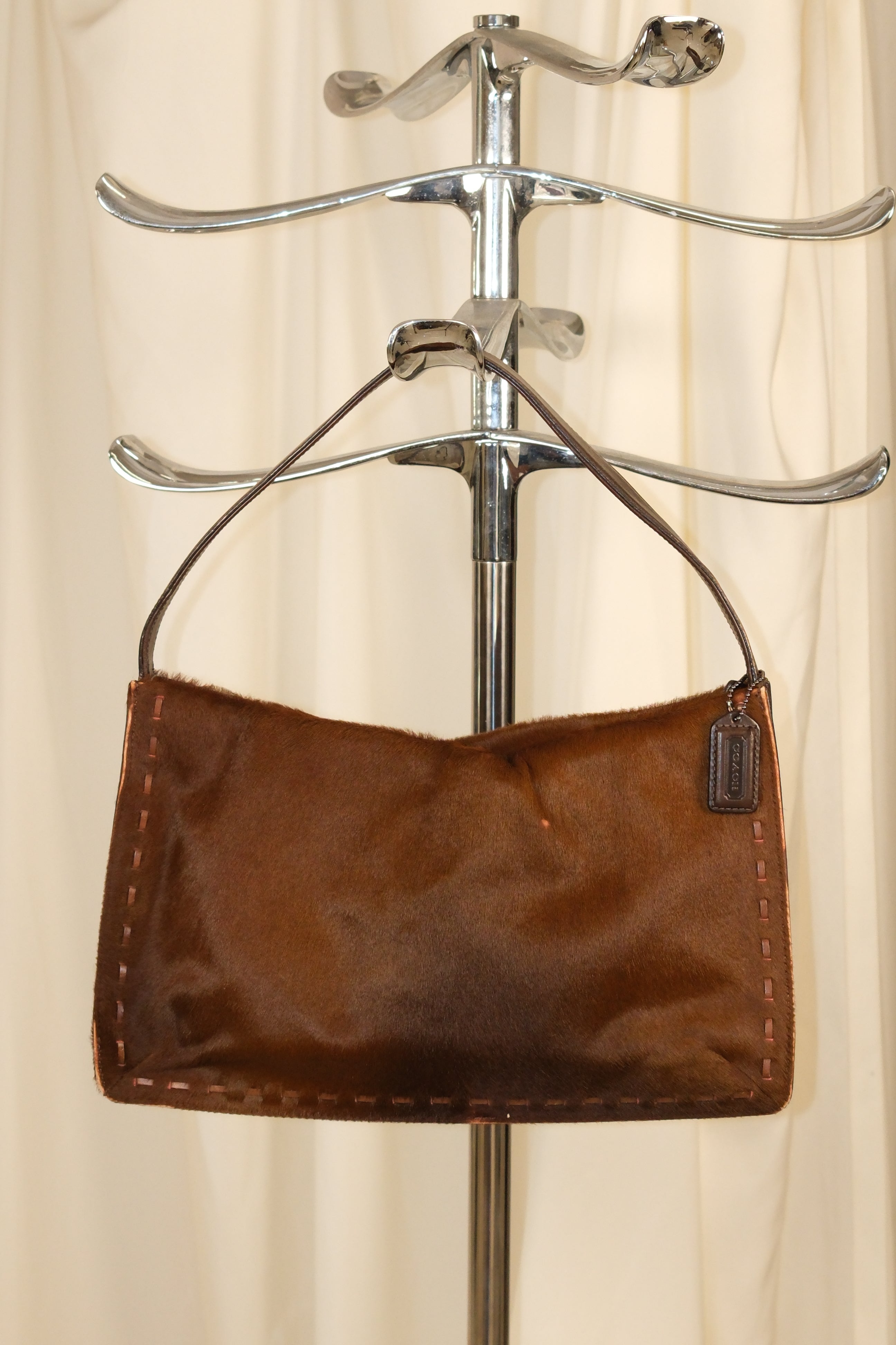 Coach Furry Leather Shoulder Bag In Chestnut Brown