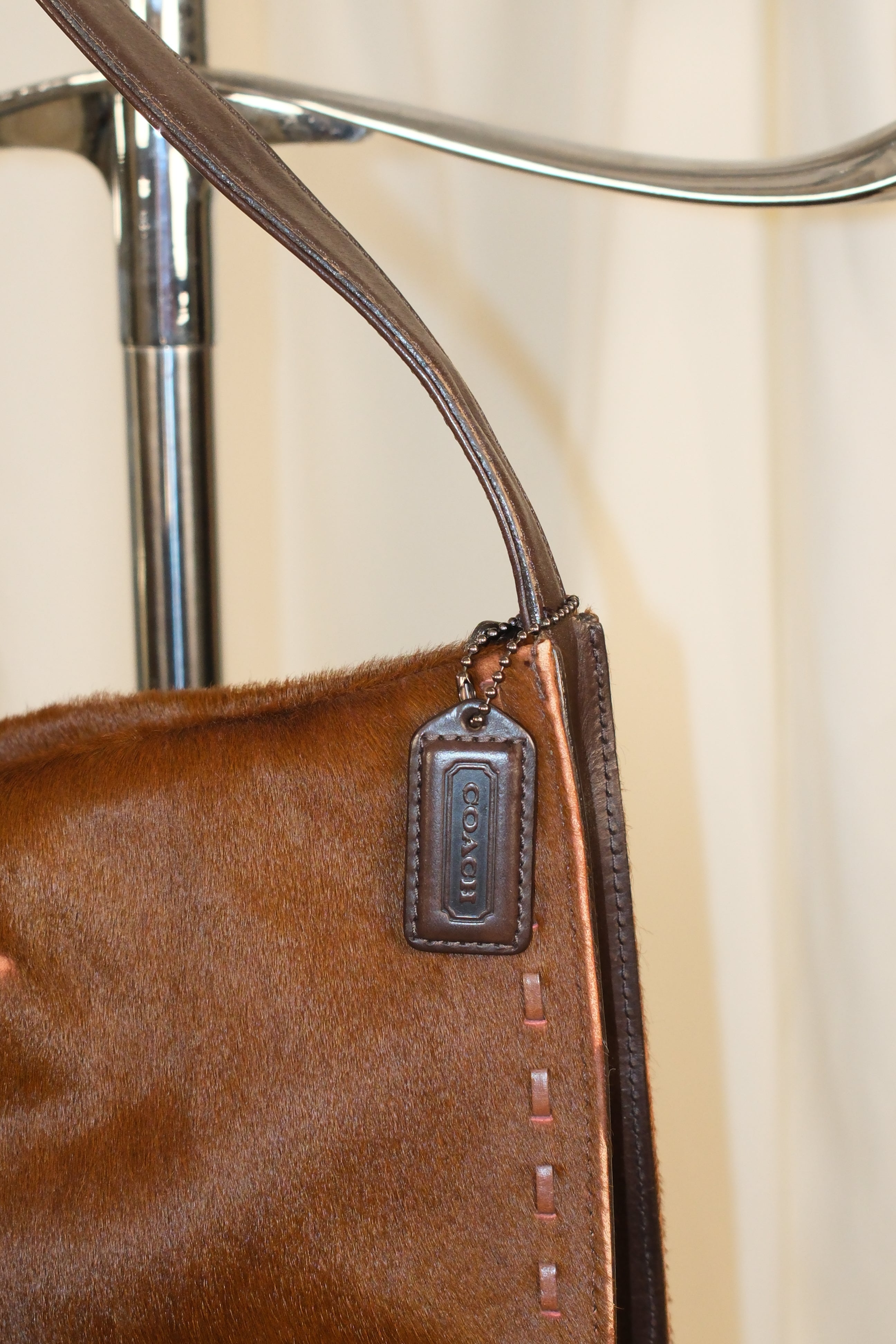 Coach Furry Leather Shoulder Bag In Chestnut Brown