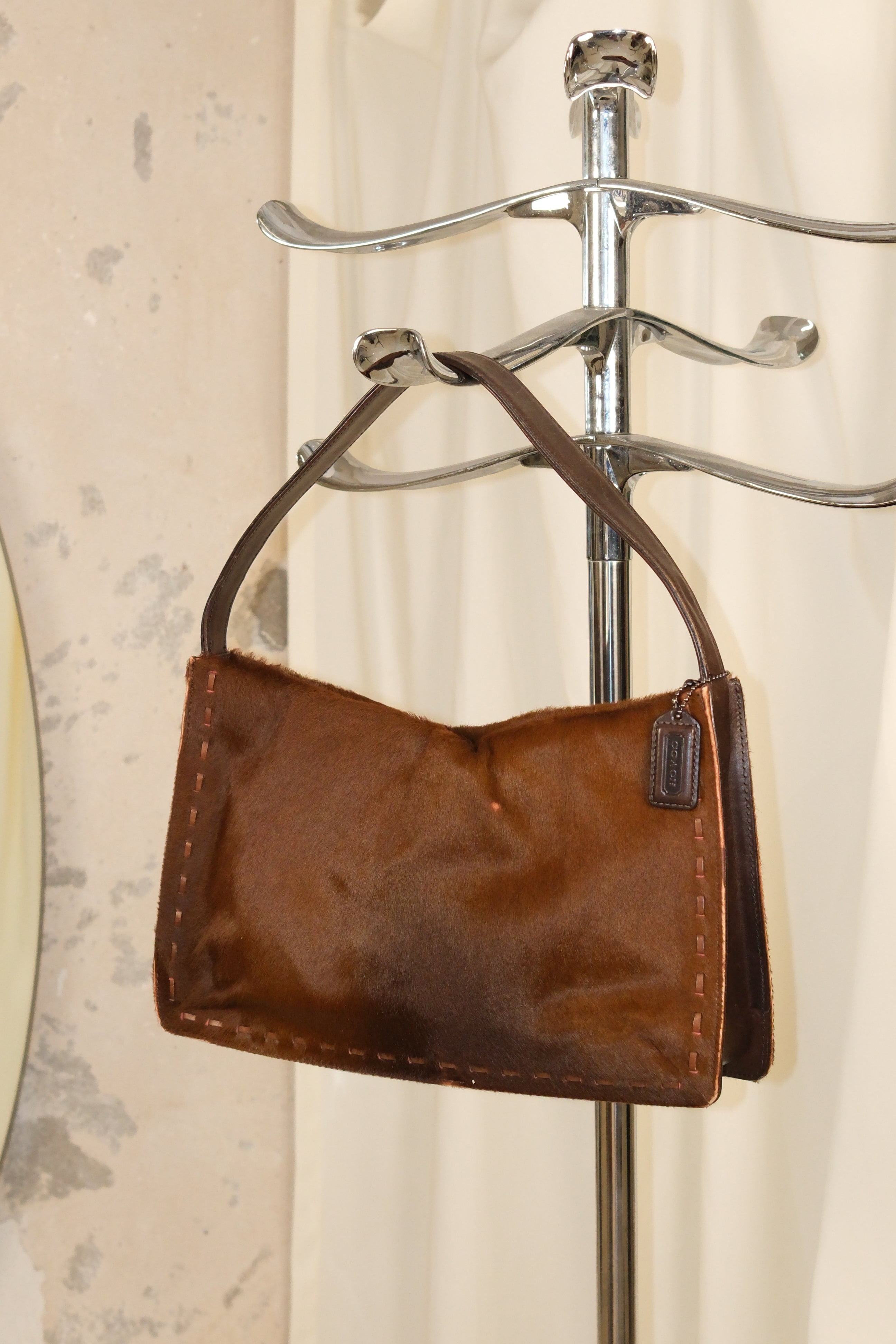 Coach Furry Leather Shoulder Bag In Chestnut Brown