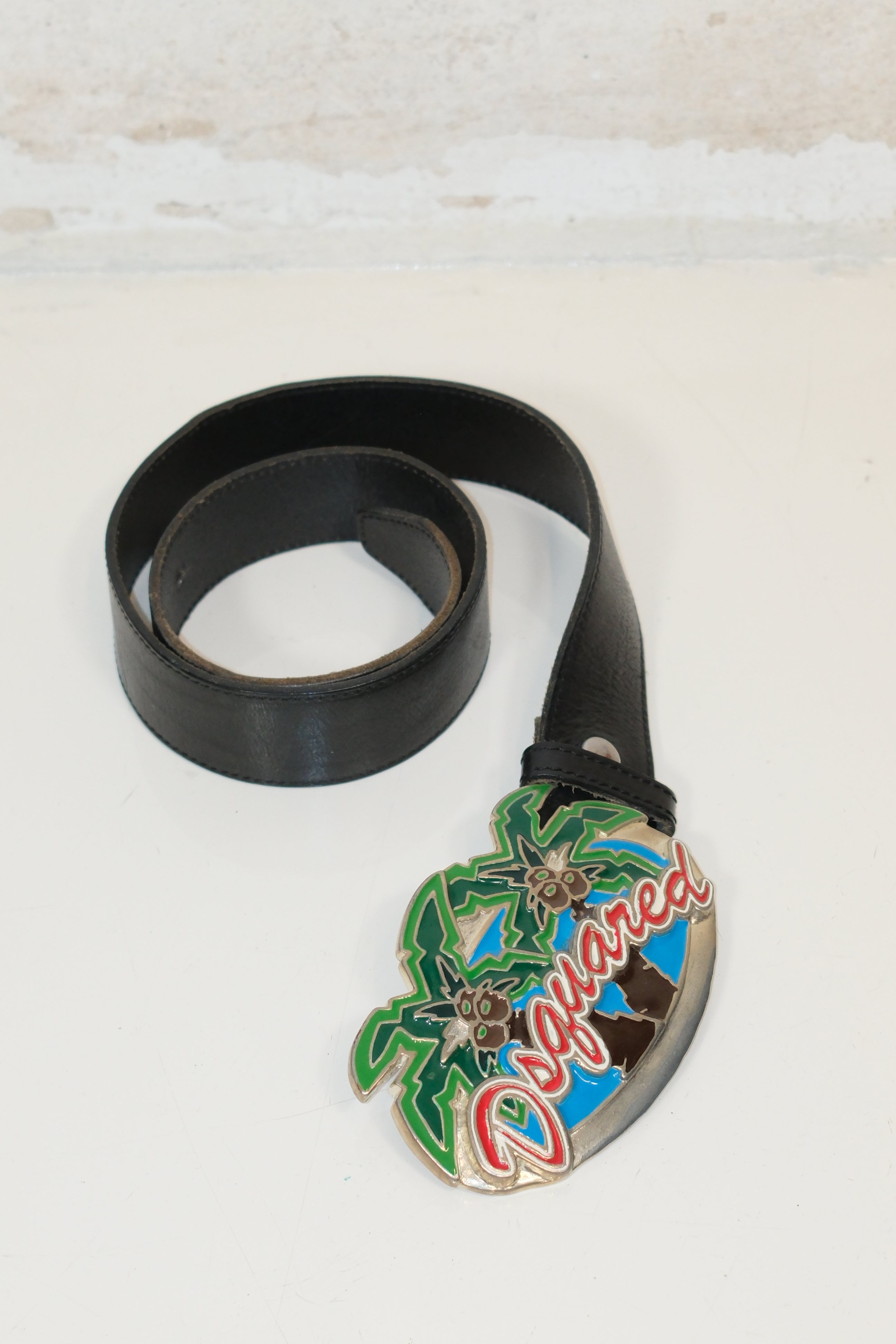 DSQUARED2 LEATHER BELT WITH OVERSIZED BUCKLE & COCONUT PALM DETAILS