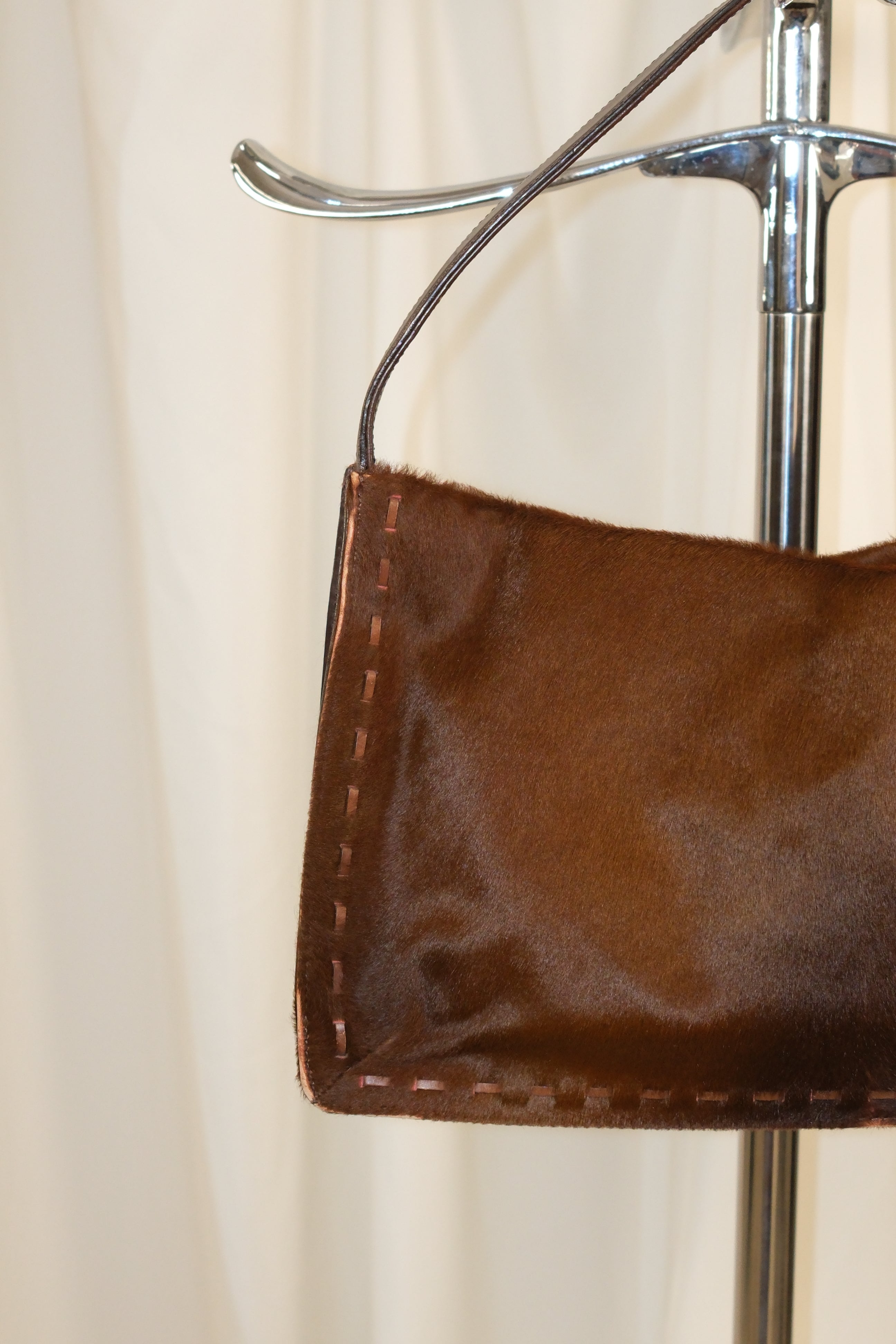 Coach Furry Leather Shoulder Bag In Chestnut Brown