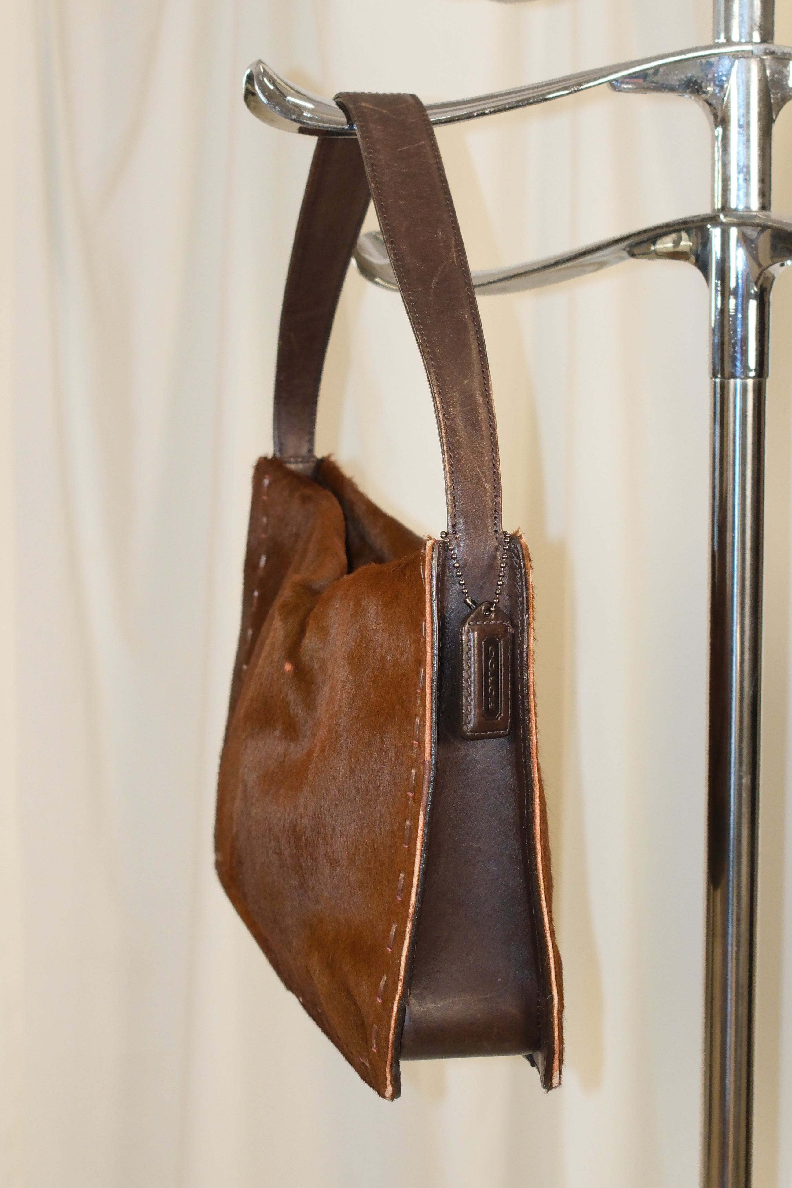 Coach Furry Leather Shoulder Bag In Chestnut Brown
