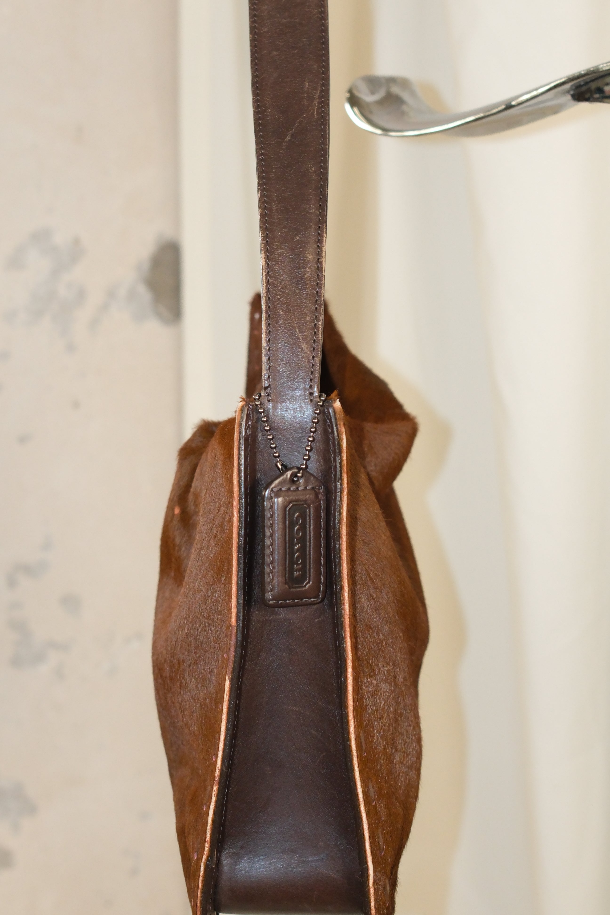 Coach Furry Leather Shoulder Bag In Chestnut Brown